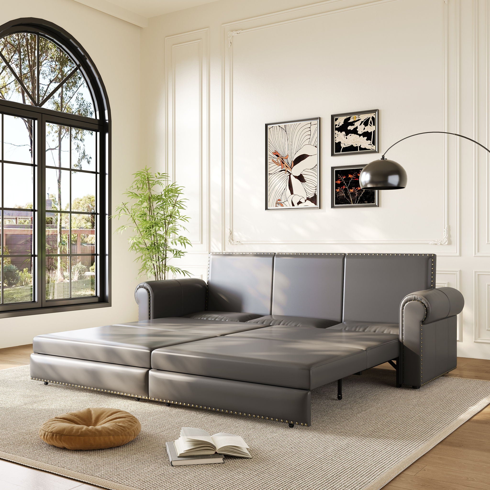 3 In 1 Convertible Sleeper Sofa With Nailhead Trim & Rolled Arm