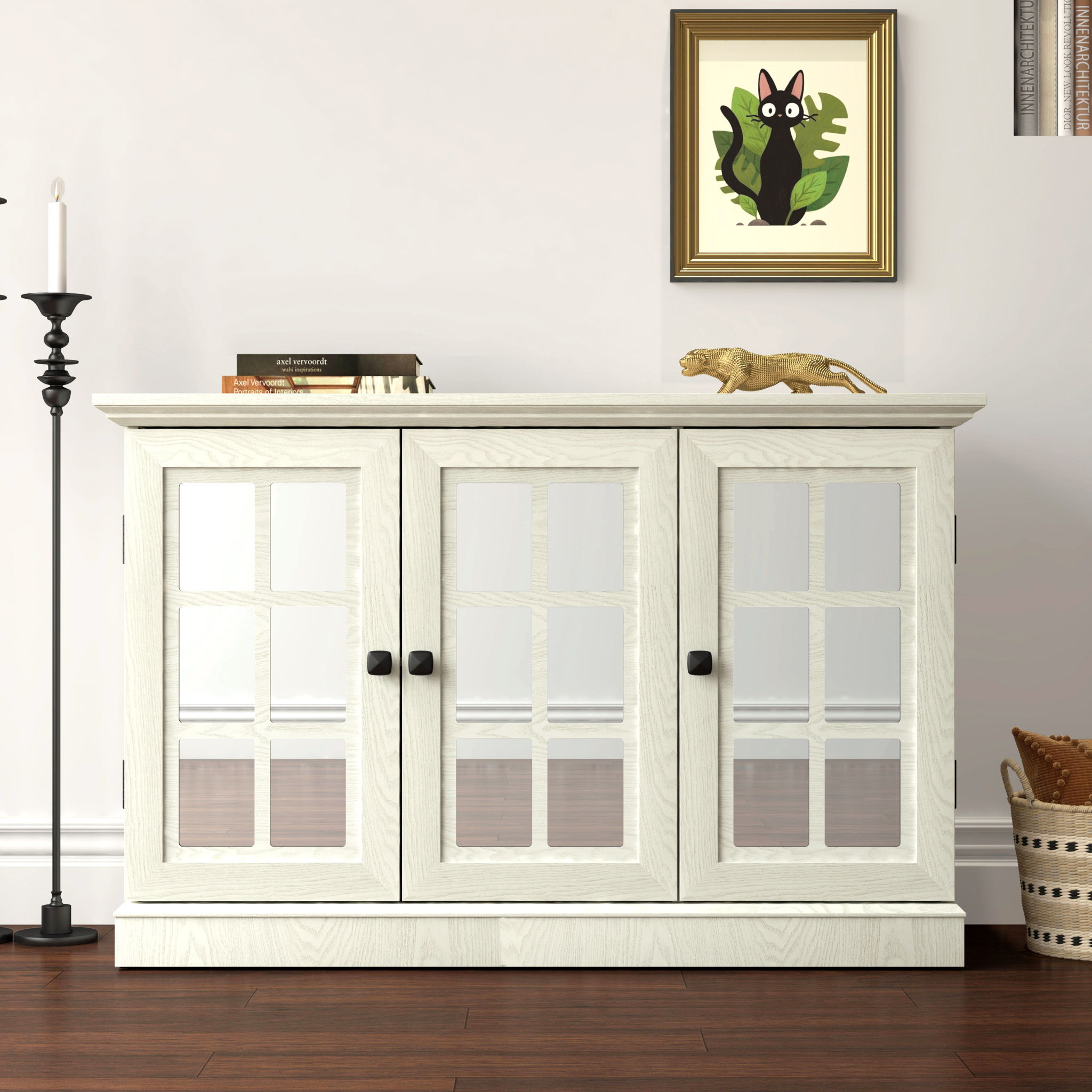 Storage Cabinet With 3 Mirrored Acrylic Doors, Adjustable Shelves