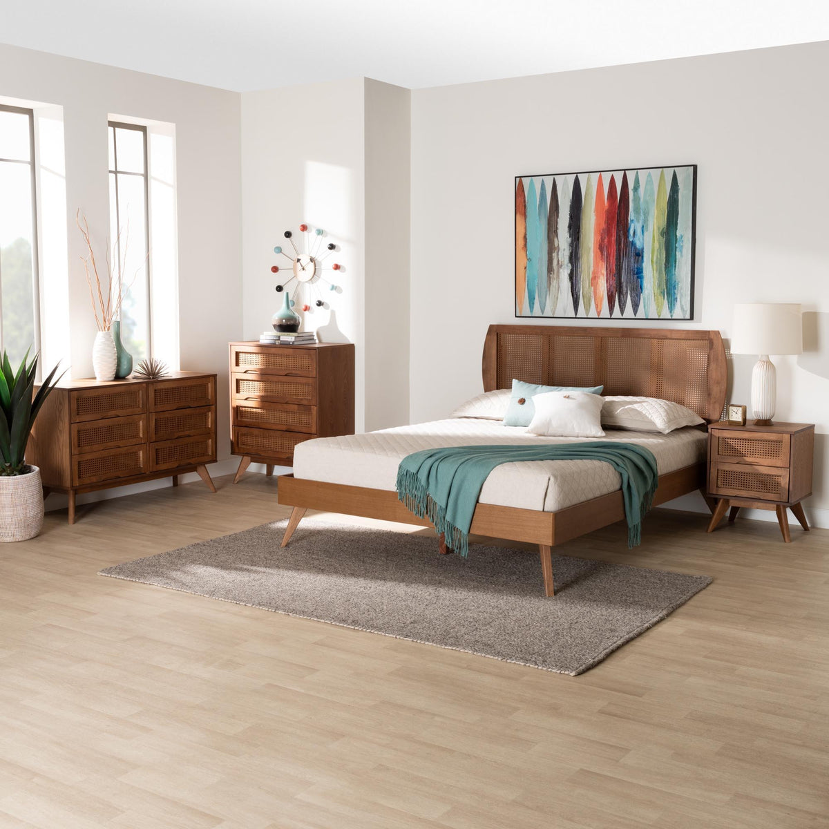 Asami Mid-Century Modern Walnut Brown Finished Wood and Woven Rattan Queen Size 4-Piece Bedroom Set