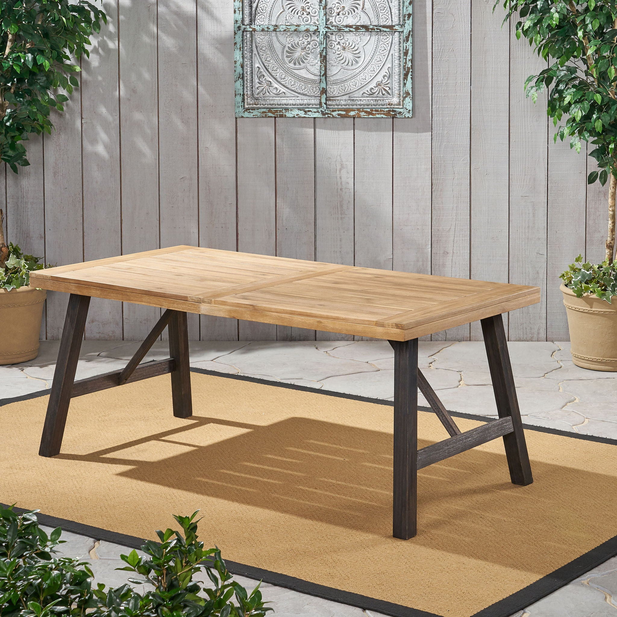 Outdoor Weather Resistant Dining Table With Slat Panel Design - Natural / Gray