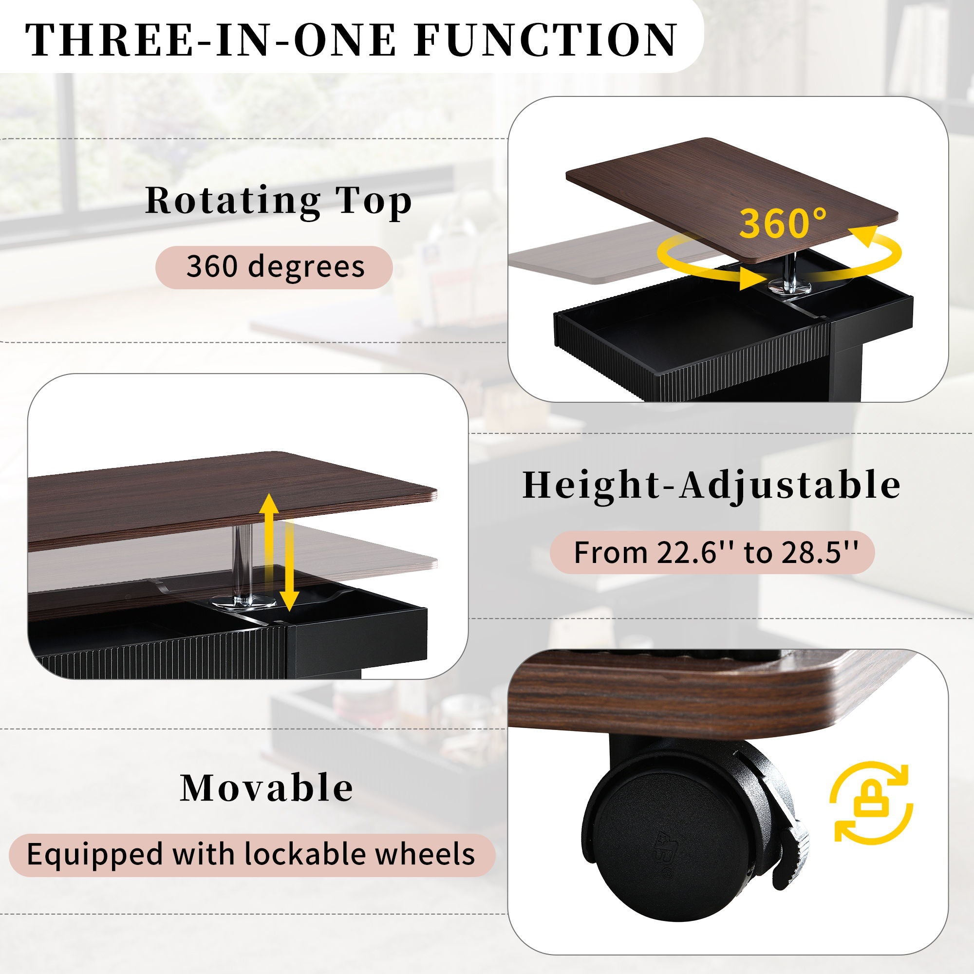 Adjustable End Table With Wheels, 360°Rotating Top And Storage Space