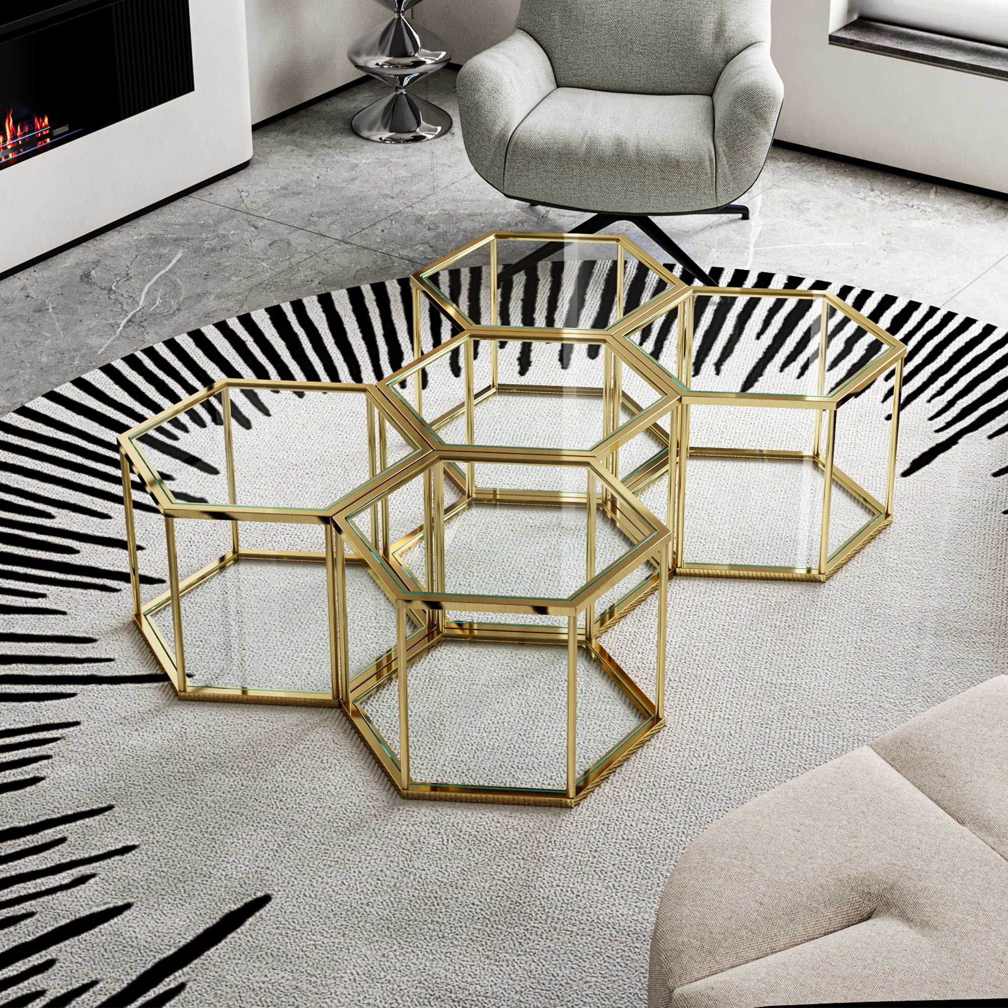 Modern Coffee Table With Double Layer Tempered Glass And Polygonal Design