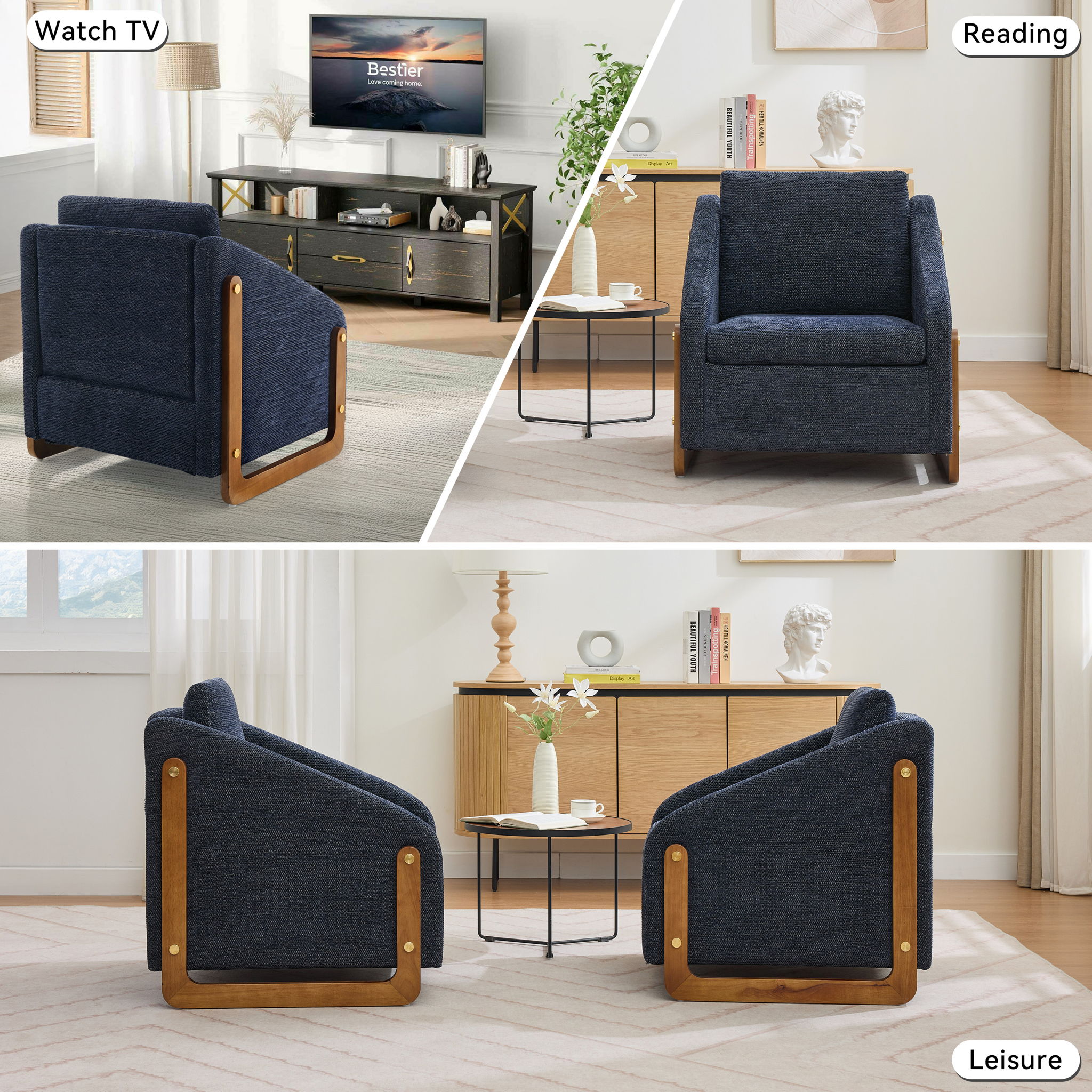 Modern Chenille Upholstered Armchair With Wooden Side Frame