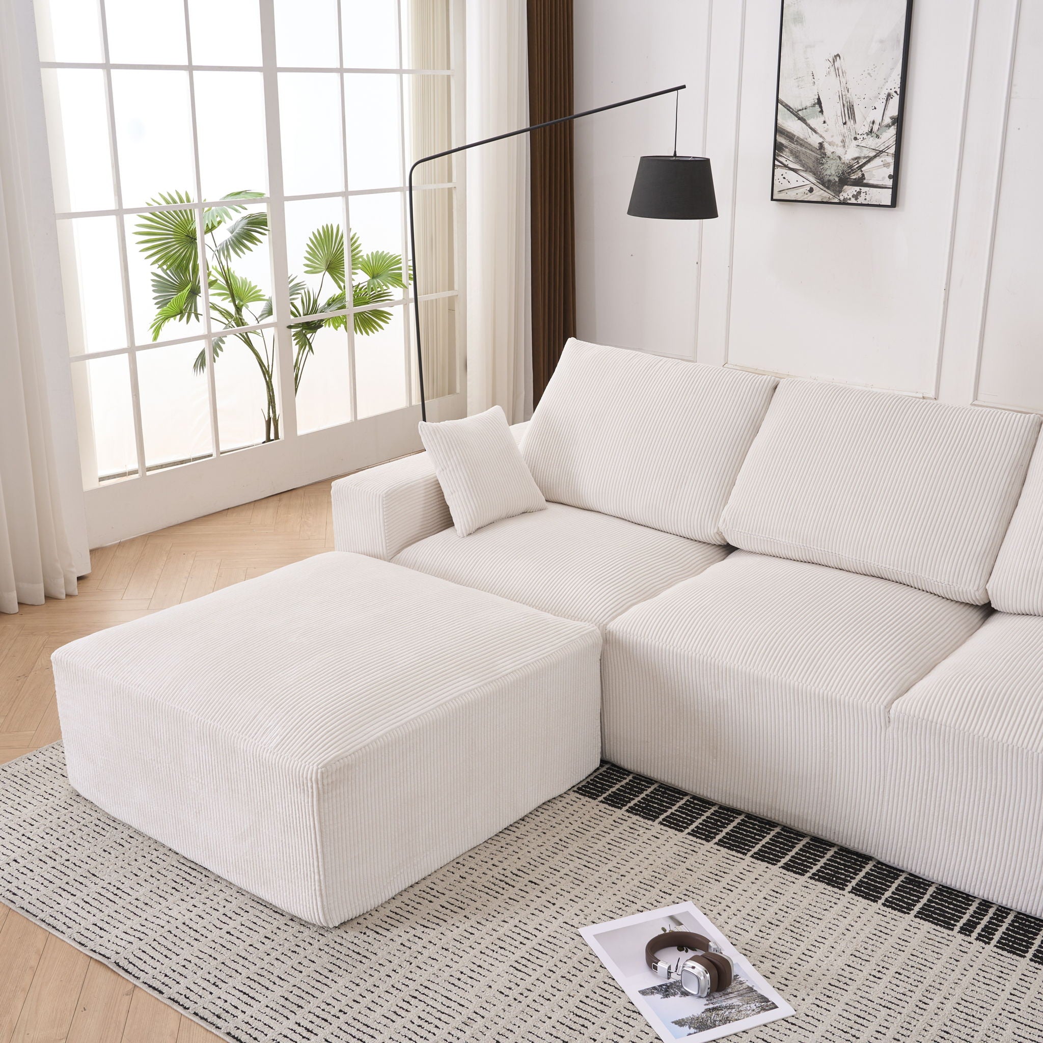 Modular Sectional Sofa With Ottoman, USB And Type C Charger, Petal Armrest Design