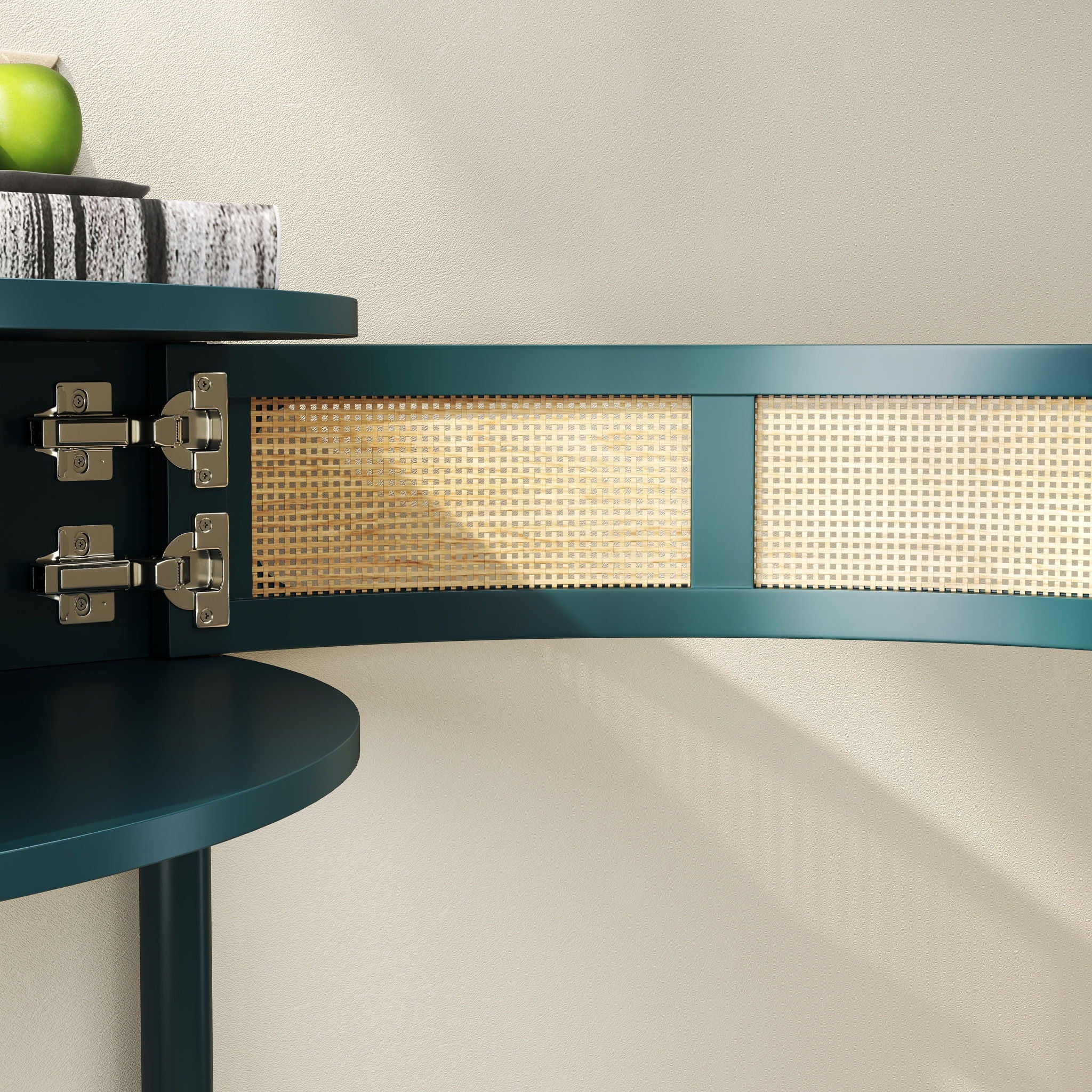 Boho Rattan Semi Circle End Table With Sliding Rattan Door, Storage And Bottom Shelf