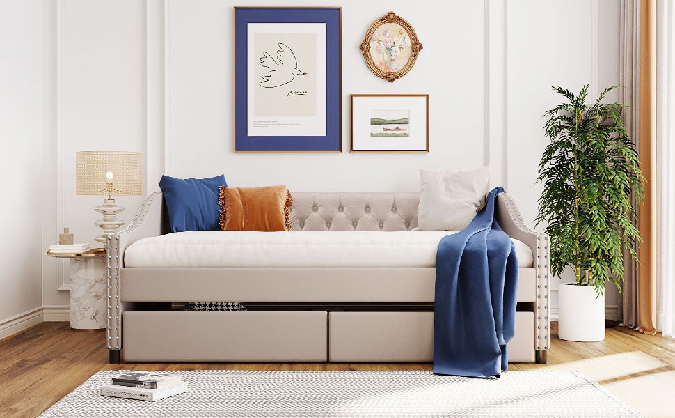 Upholstered Daybed With Two Drawers, Wood Slat Support