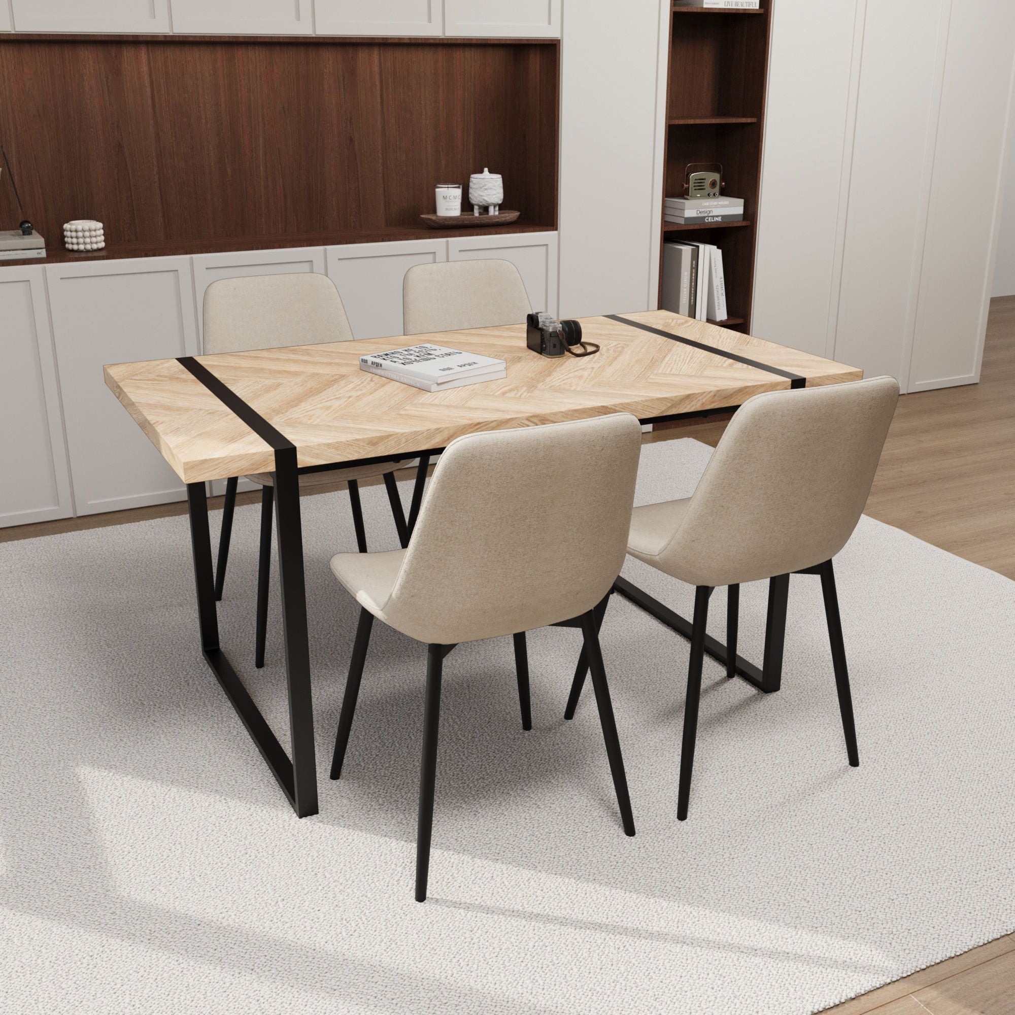 Modern Dining Table & Suede Chair Set WIth Rectangular Metal Base