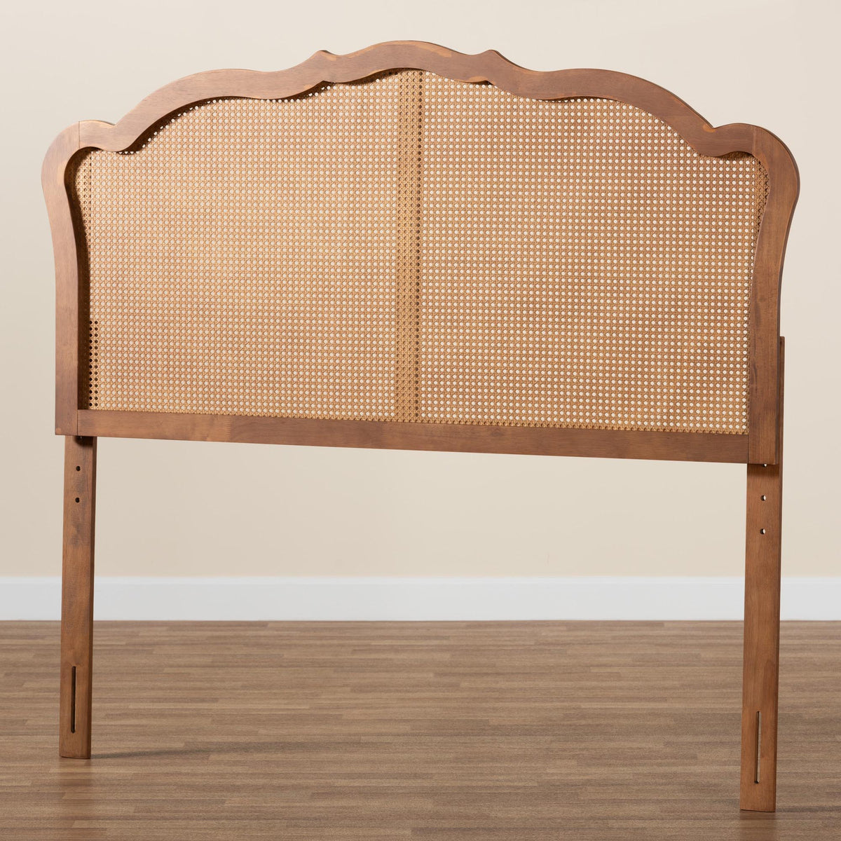 Leandra Classic and Traditional Ash Walnut Finished Wood Queen Size Headboard with Rattan