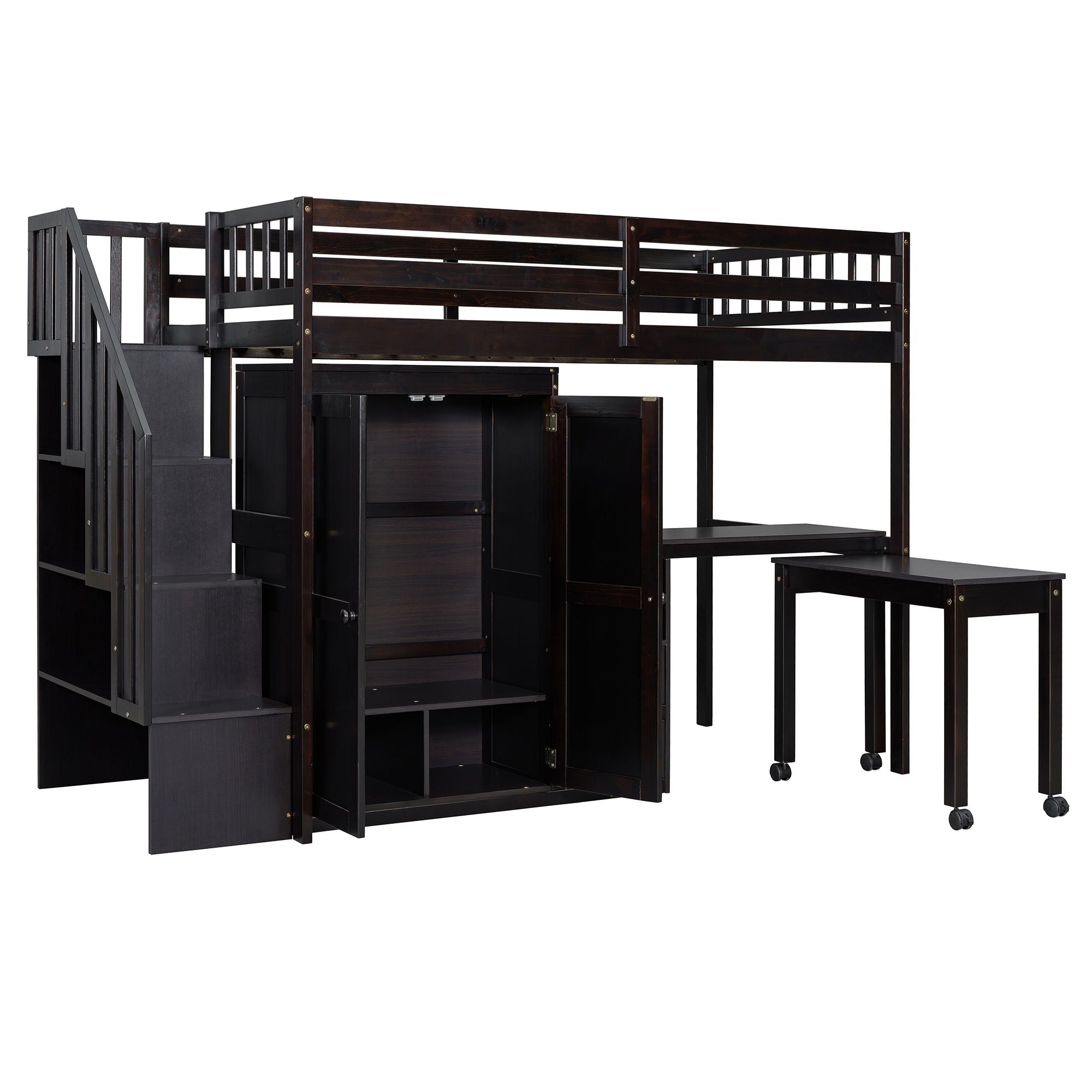 Loft Bed With Stairs, Bookshelf, Drawers, Desk & Wardrobe, Space Saving Multifunctional Furniture