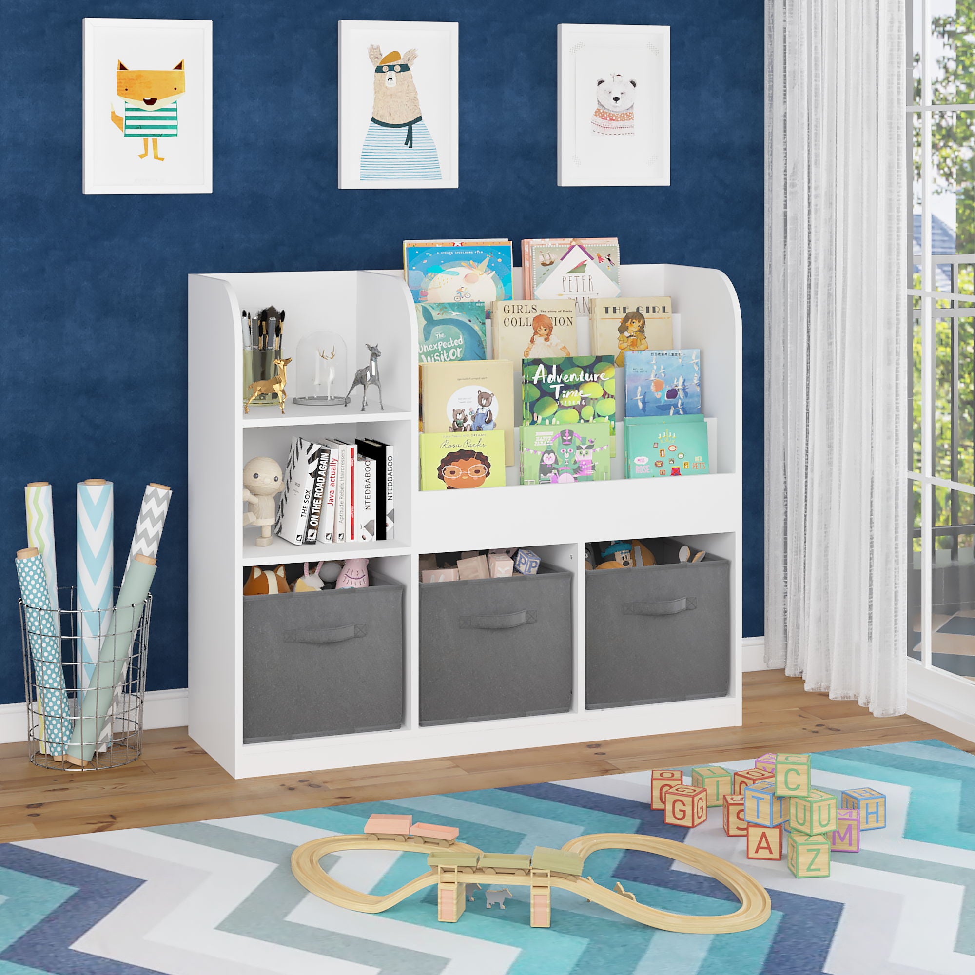Bookcase And Bookshelf With 3 Collapsible Drawers, Multifunctional Display Stand