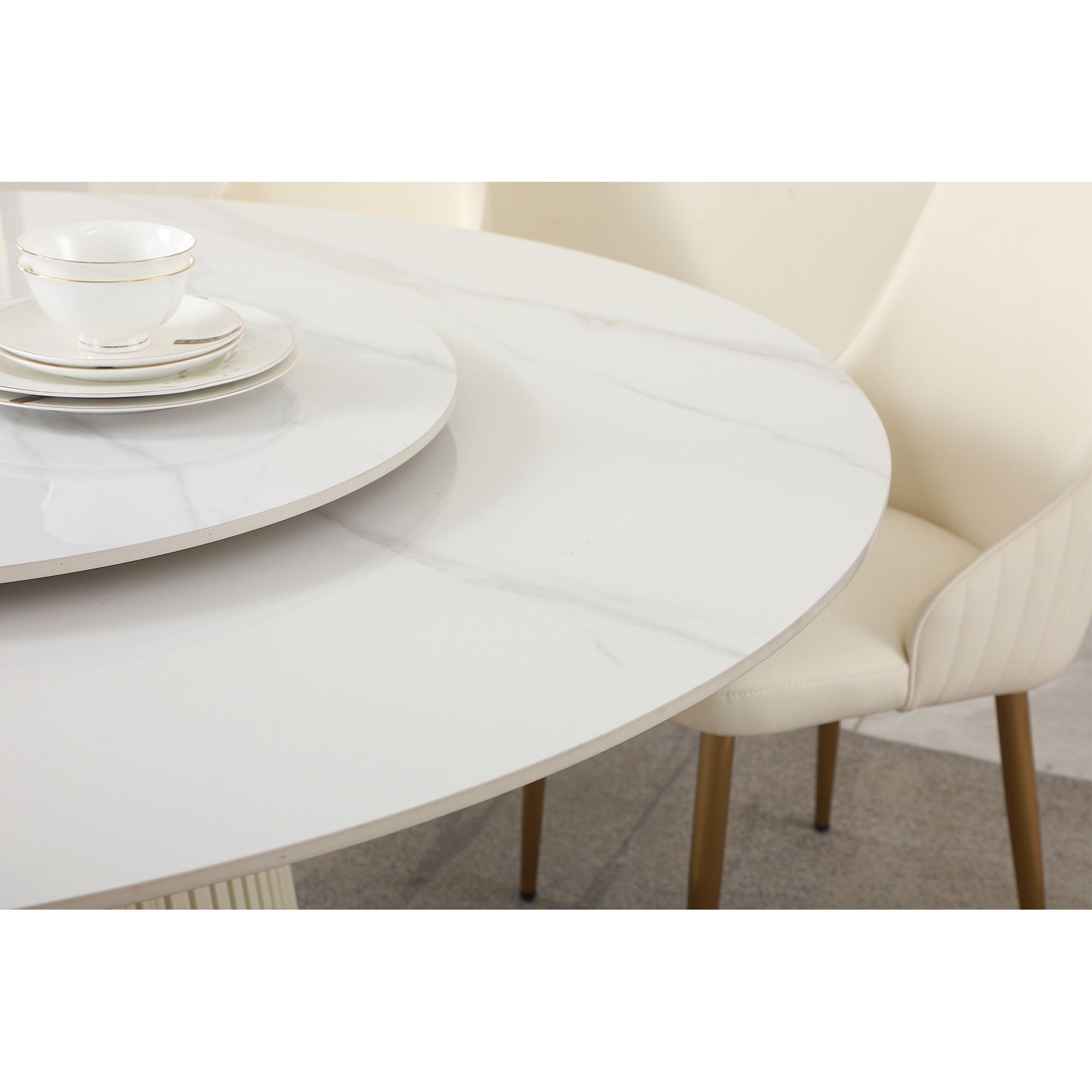 Modern Sintered Stone Dining Table With Round Turntable, Wood And Metal Pedestal, 8 Chairs - White