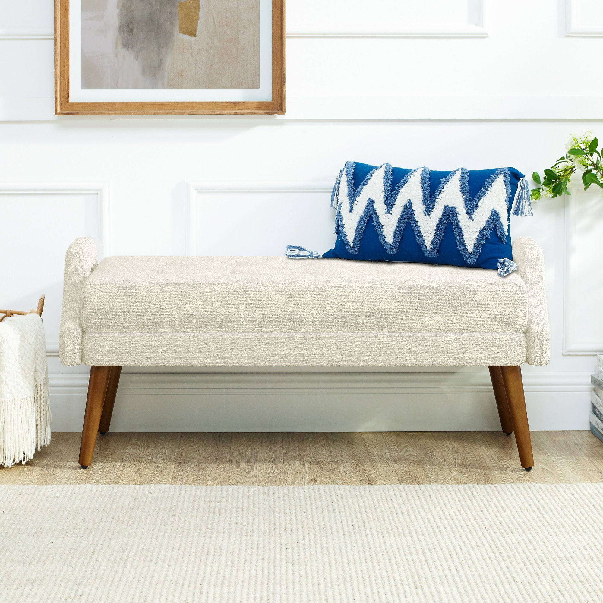 Modern Living Room Bench With Looped Yarn Fabric And Rubber Wooden Legs