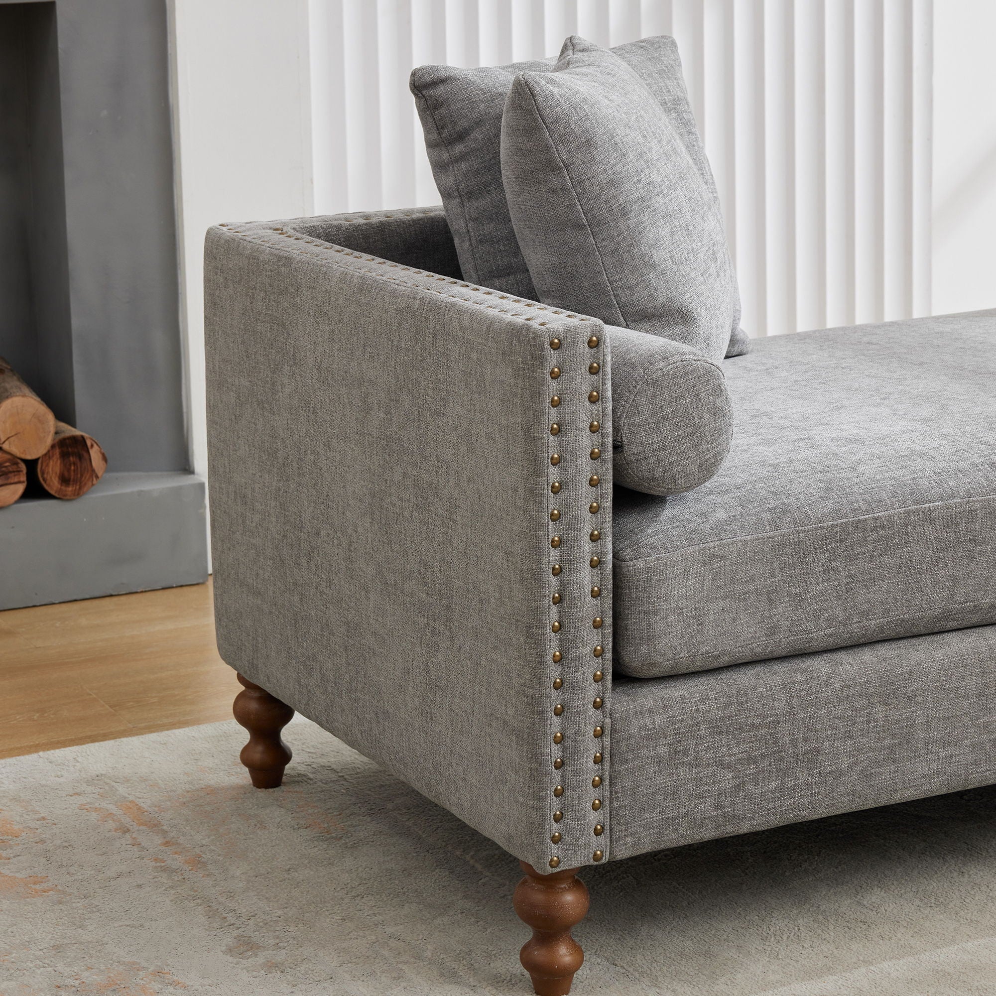 Upholstered Chaise Lounge Indoor With Nailheads, Sleeper Sofa Couch With 4 Throw Pillows & 2 Bolsters, Daybed With Rubberwood Legs