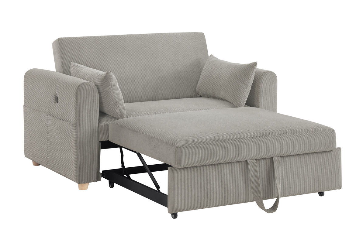 Marielle 55"W Gray Corduroy Convertible Sleeper Loveseat with USB Ports, Magazine Pockets, and Pillows