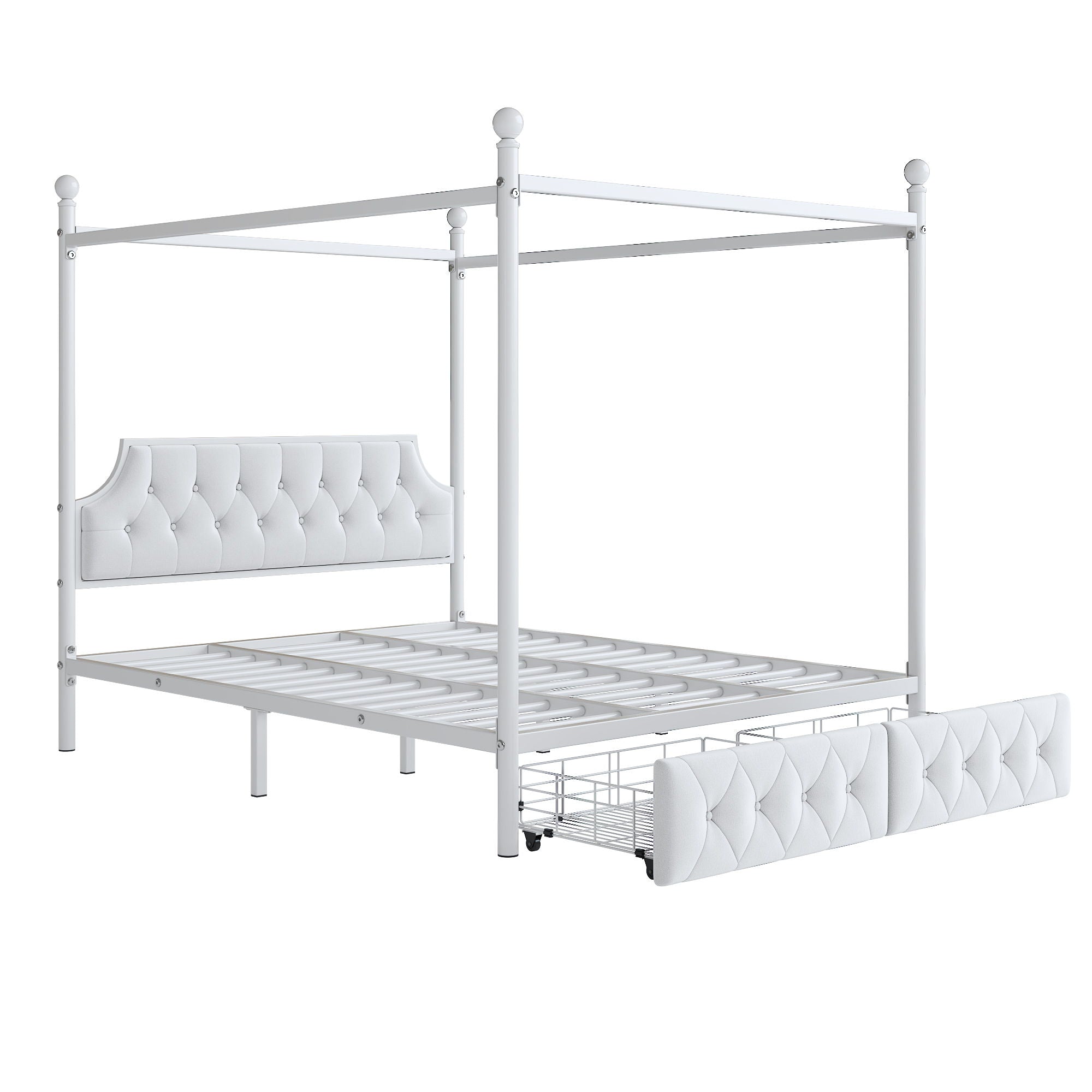 Canopy Platform Bed With Upholstered Headboard And 2 Storage Drawers - White