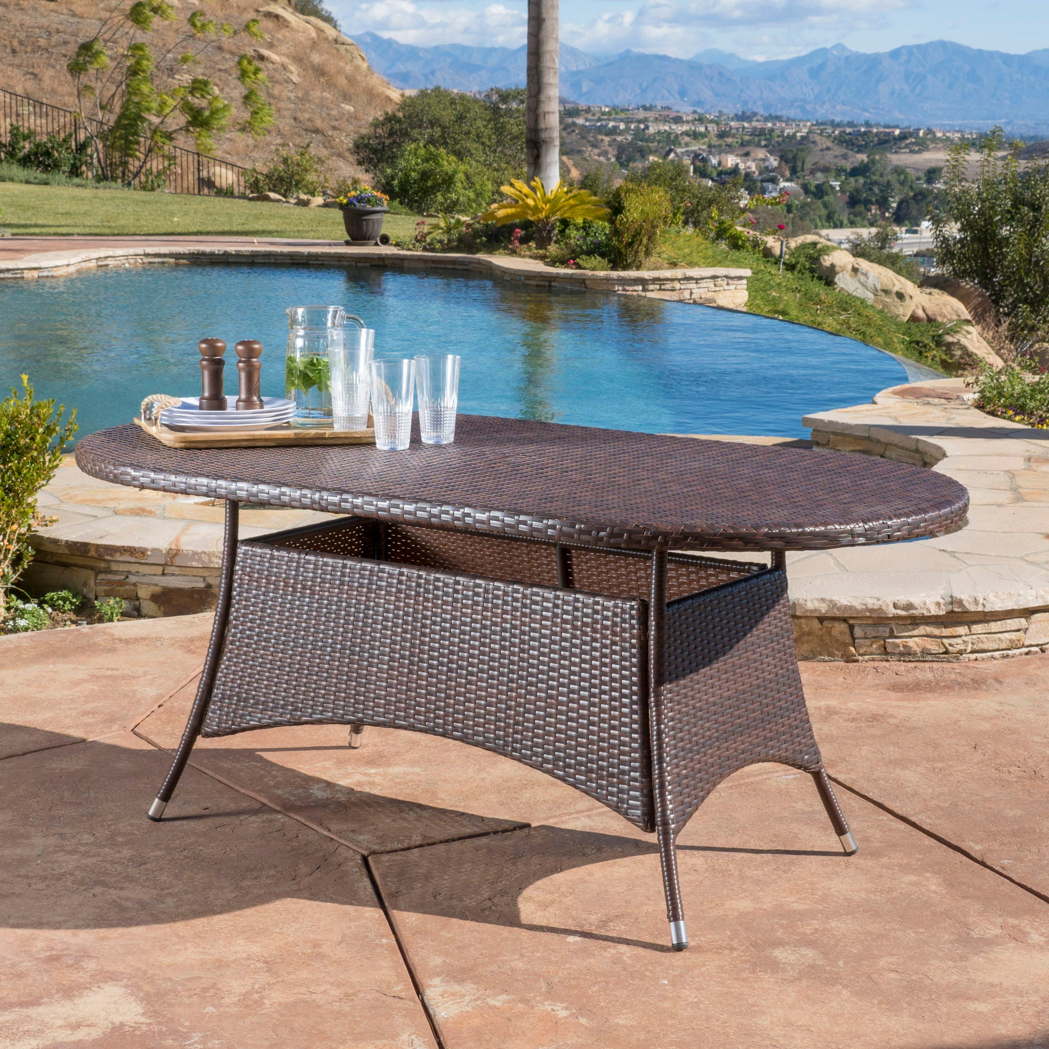 Outdoor Oval Dining Table With Silver Tipped Legs - Brown Multi