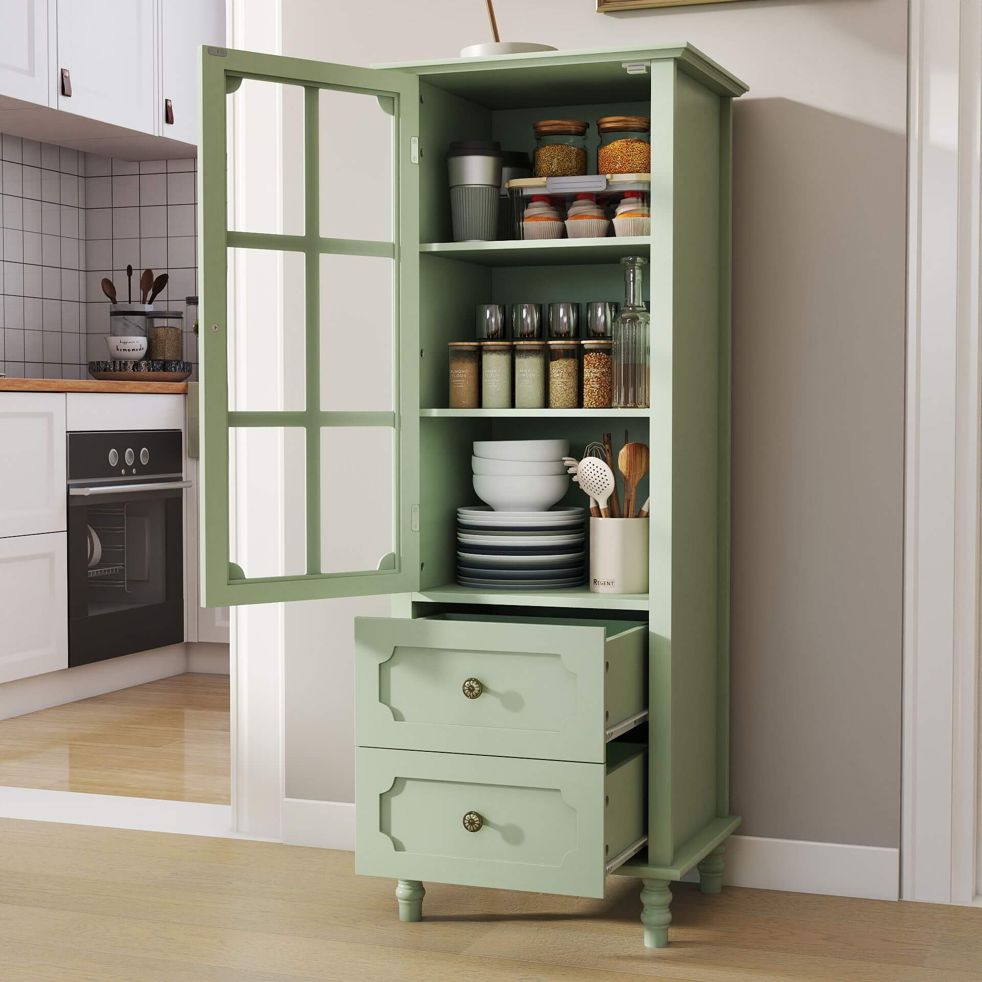 Minimalism Buffet Cabinet With Glass Doors And Double Drawer