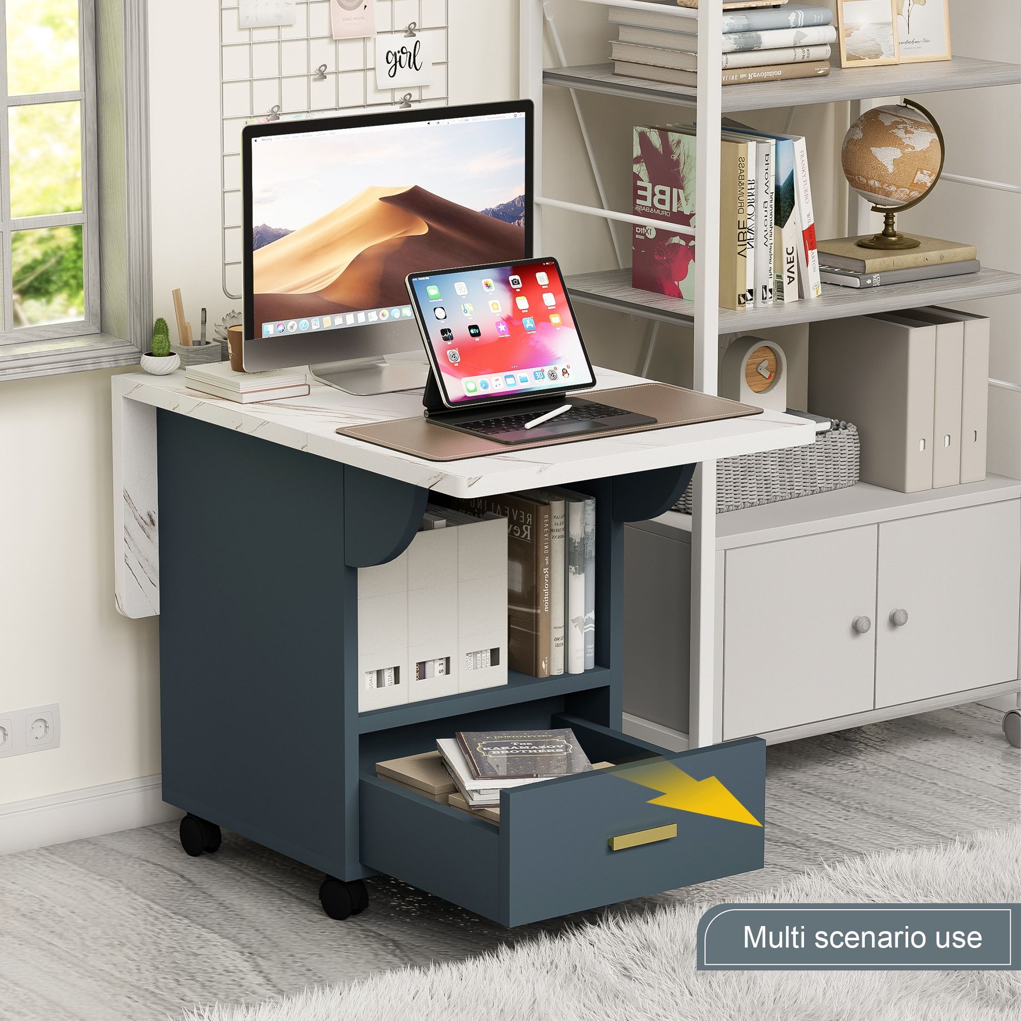 Versatile Wood Folding Dining Table With Wheels, Storage Rack & Drawer, Space Saving Design - White