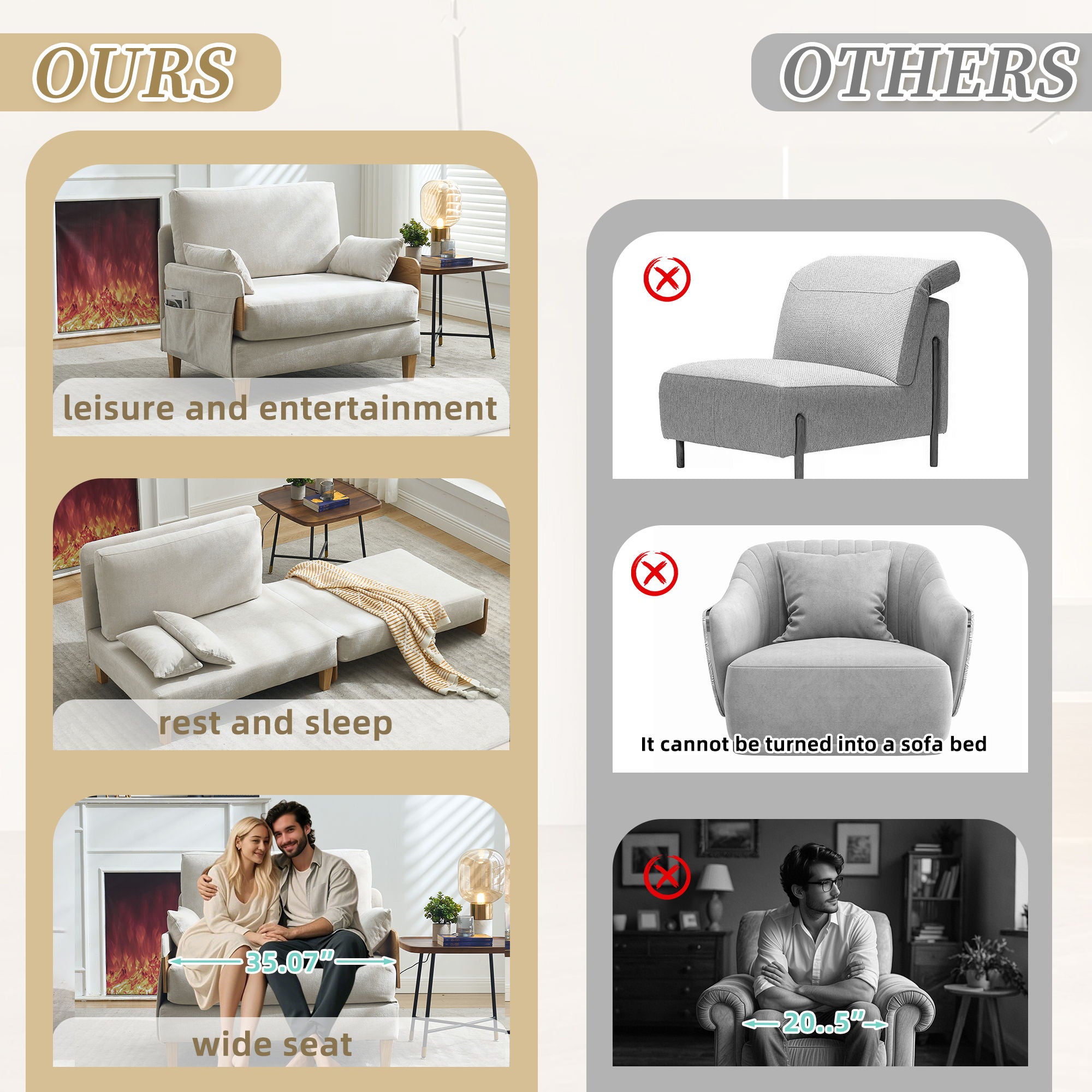 Mid Century Modern Foldable Sofa Bed, 3 In 1 Convertible Sleeper With 3 Pillows