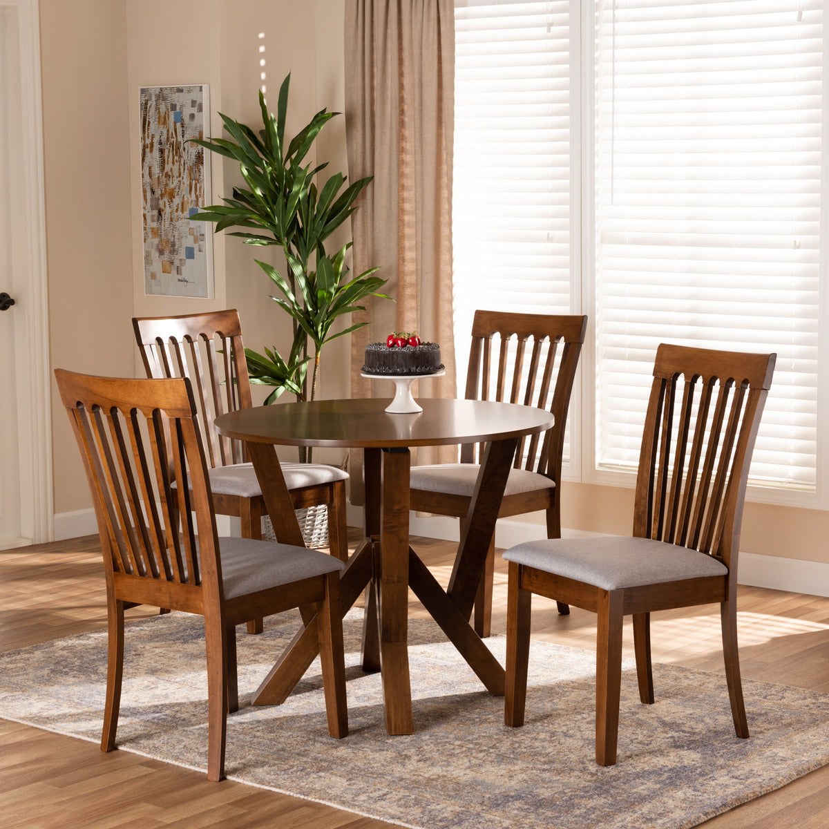 Marian Modern and Contemporary Grey Fabric Upholstered and Walnut Brown Finished Wood 5-Piece Dining Set