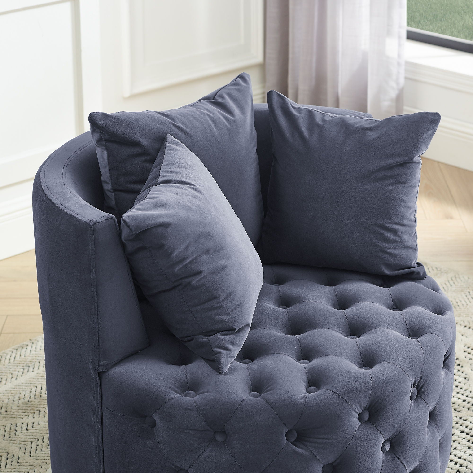 Modern Upholstered Swivel Chair With Button Tufted Design And Movable Wheels