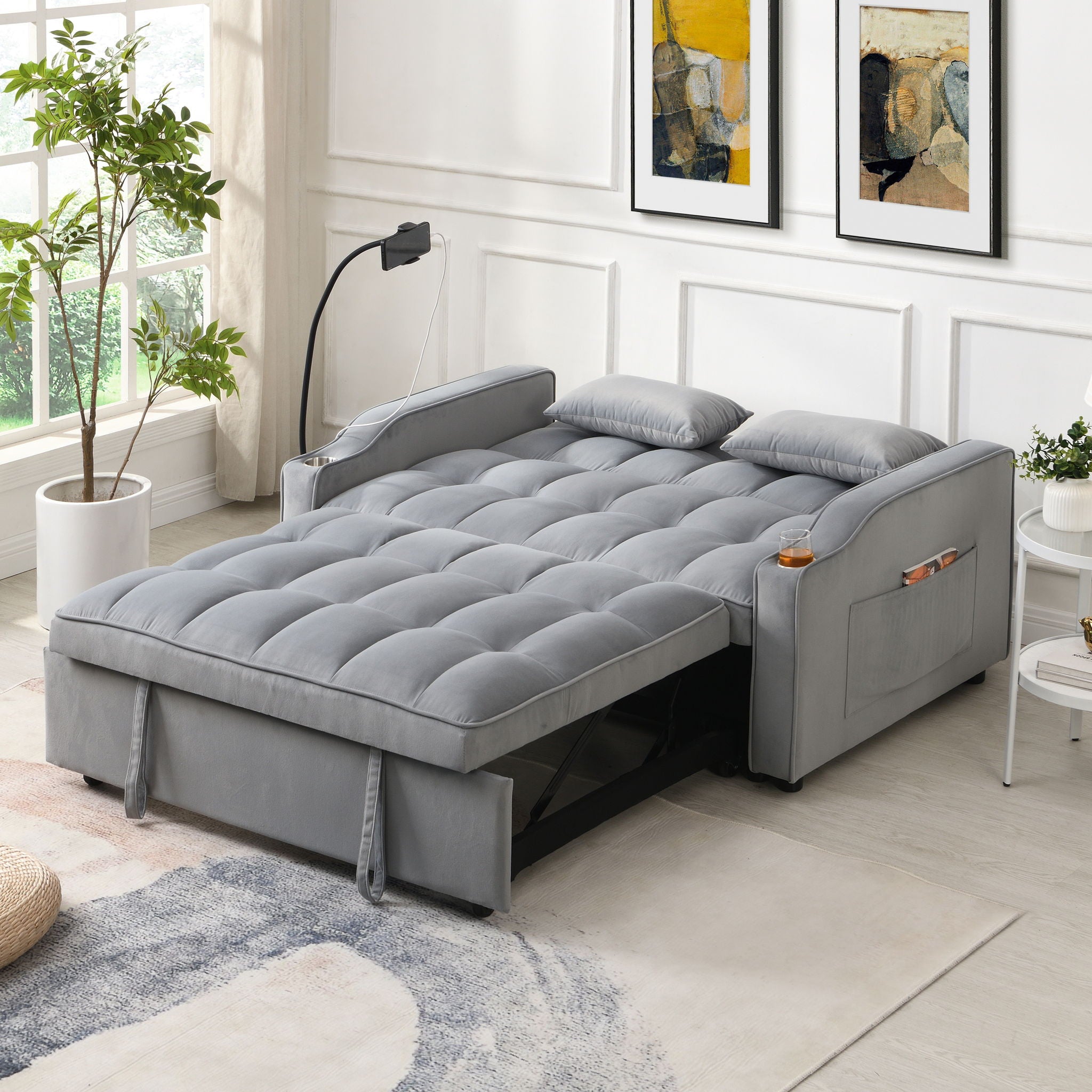 Modern Velvet Loveseat Futon Sofa With Pullout Bed, Adjustable Reclining Backrest, Toss Pillows