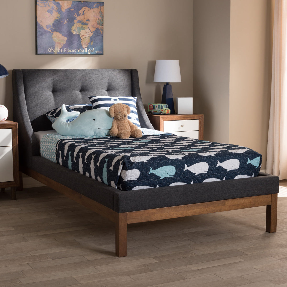 Louvain Modern and Contemporary Dark Grey Fabric Upholstered Walnut-Finished Twin Sized Platform Bed