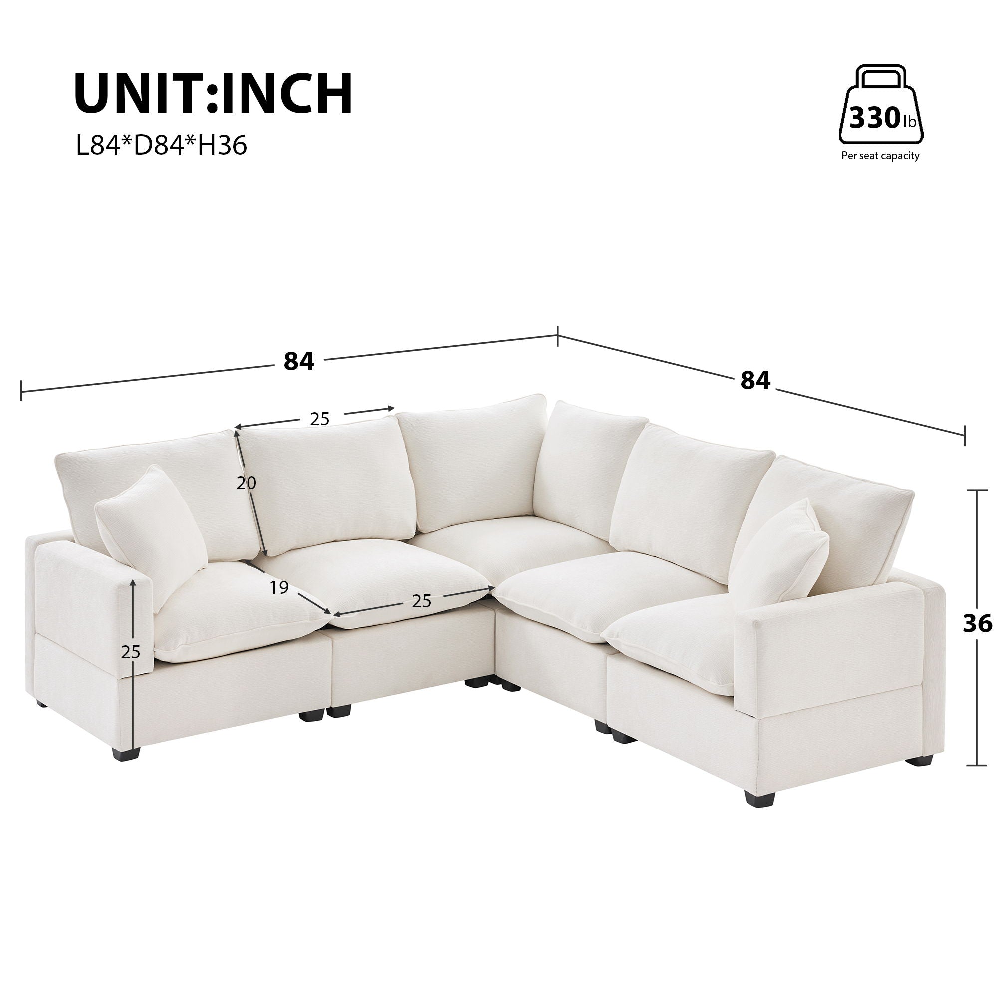 Modern L Shape Modular Sofa, 5 Seat Chenille Sectional Couch Set With 2 Pillows Included, Freely Combinable Indoor Funiture For Living Room, Apartment, Office