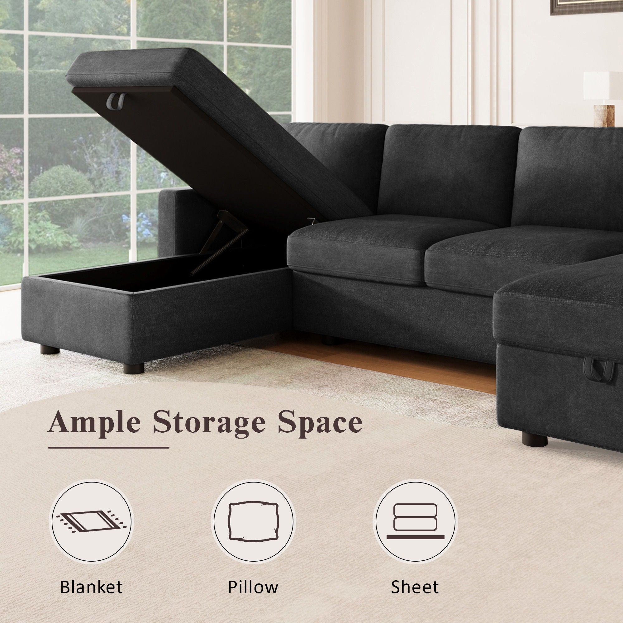 Convertible Sectional Sofa With Storage Chaise Lounges And USB Ports