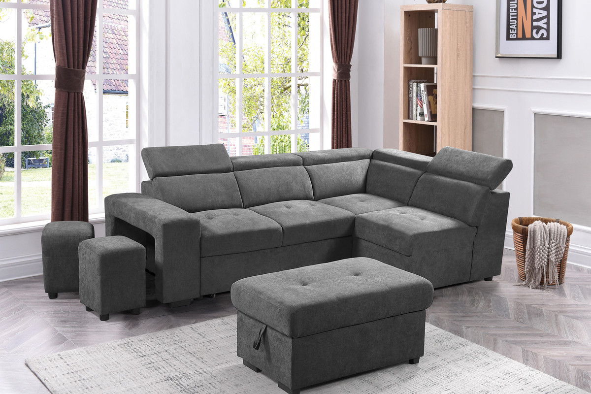 Henrik 97"W Light Gray Sleeper Sectional Sofa with Storage Ottoman and 2 Stools