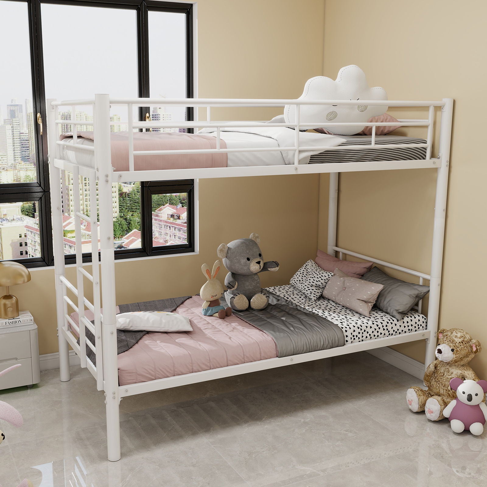 Metal Bunk Bed For Kids, Convertible Bedframe With Ladders & Guardrail