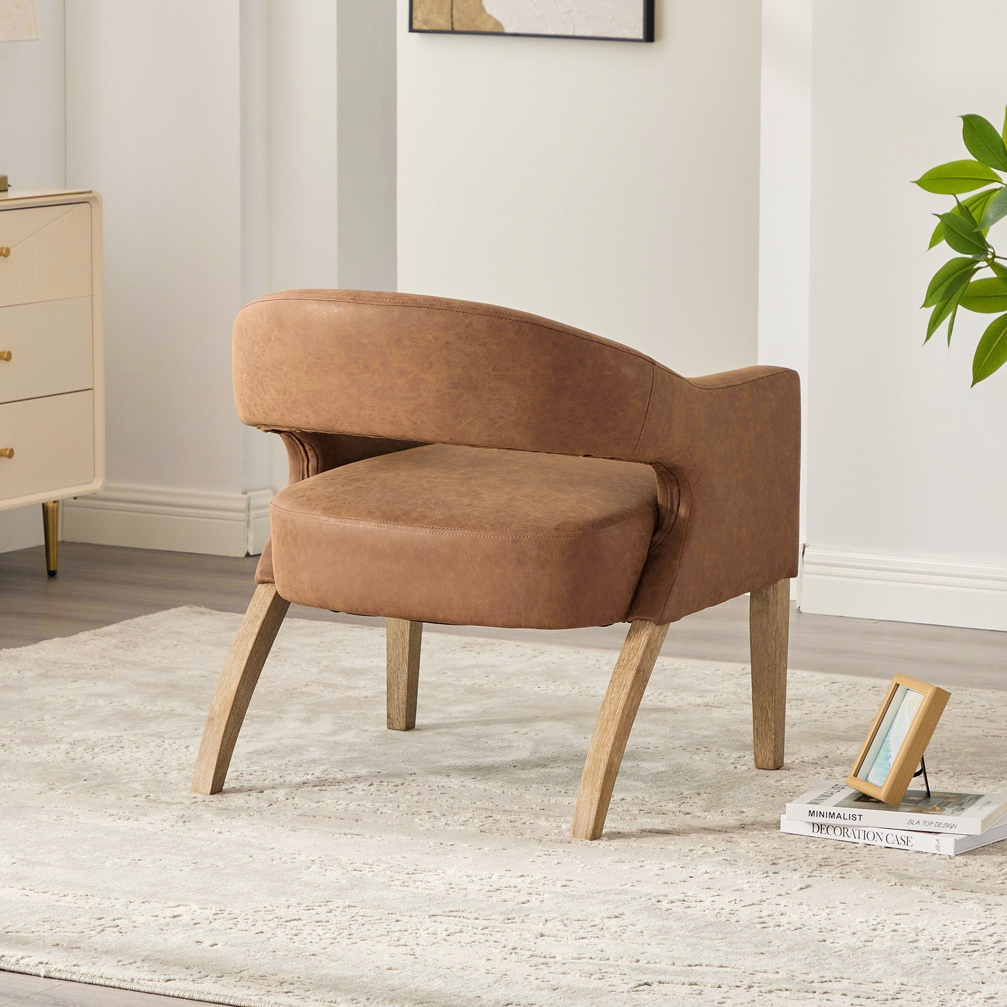 Upholstered Open Back Armchair With Weathered Rubberwood Legs