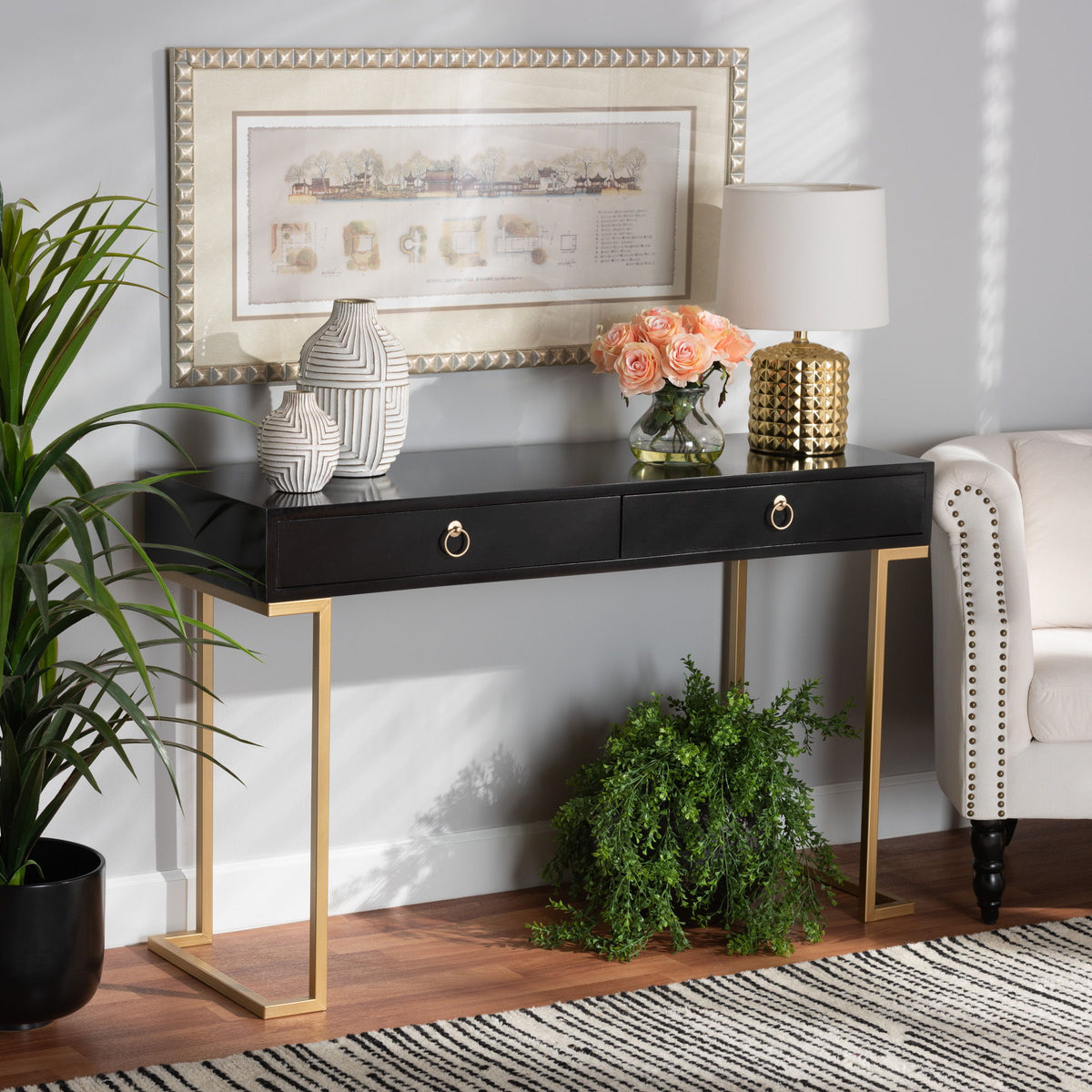 Beagan Modern and Contemporary Black Finished Wood and Gold Metal 2-Drawer Console Table