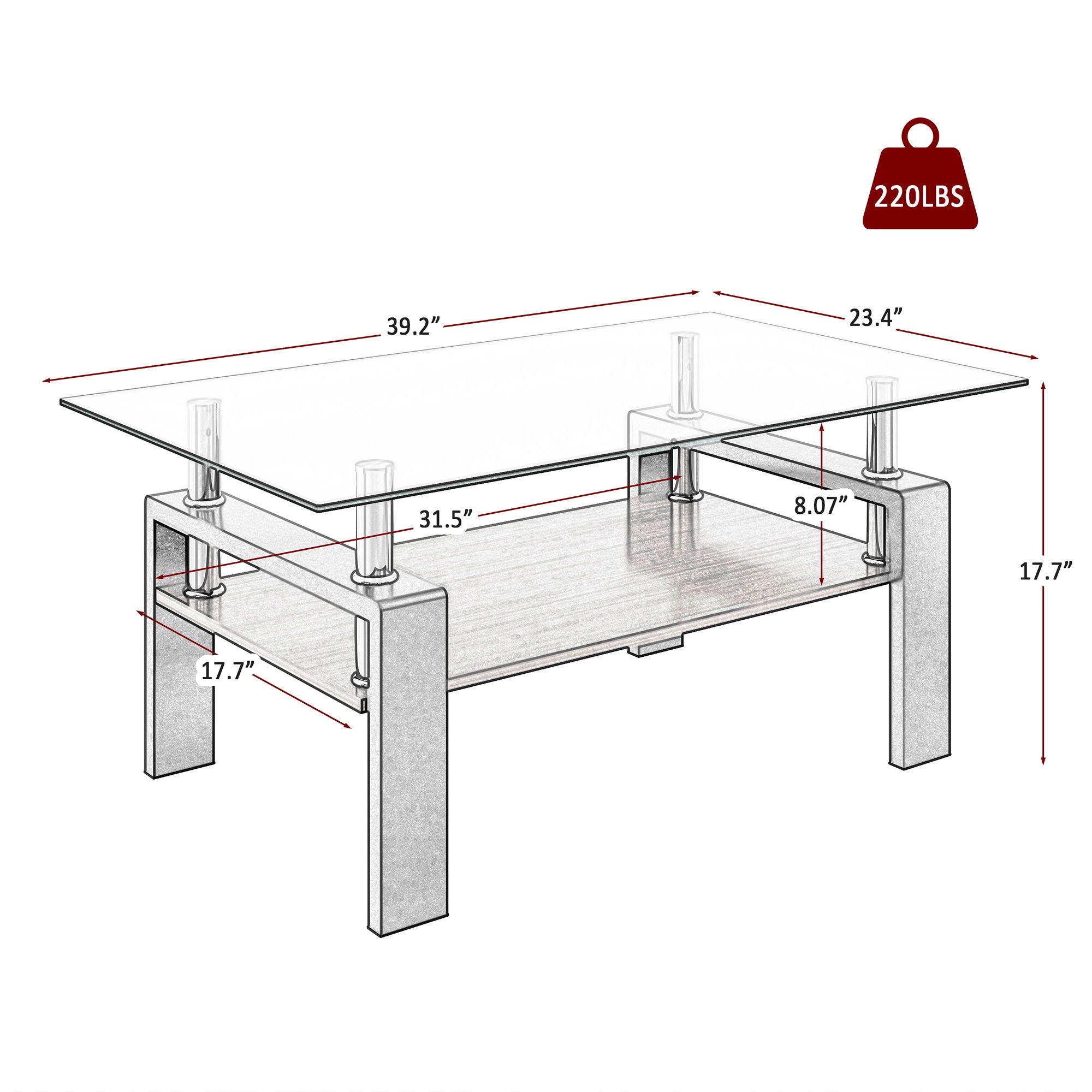 Modern Rectangular Coffee Table With Tempered Glass Top Layer, Table For Living Room - Transparent