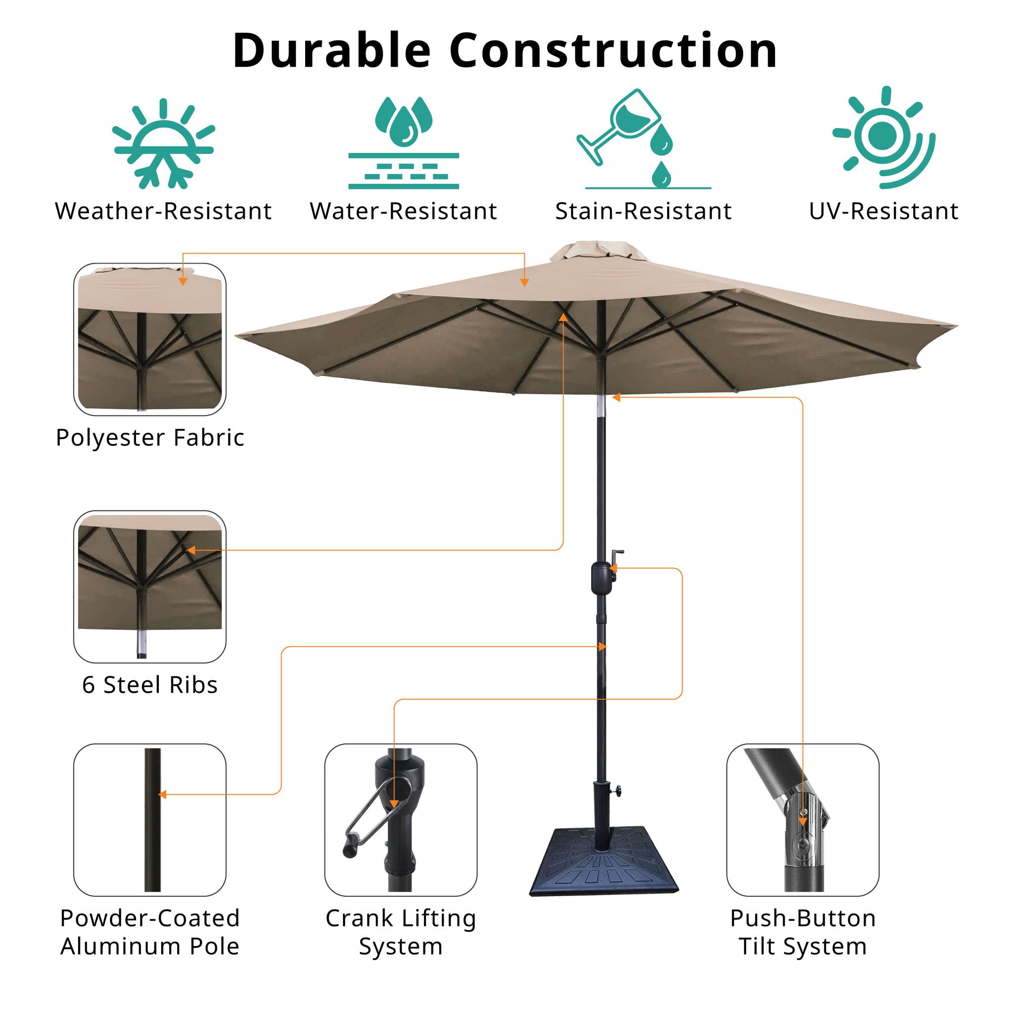 8.8' Outdoor Aluminum Patio Umbrella With 42 Pound Round Resin Umbrella Base