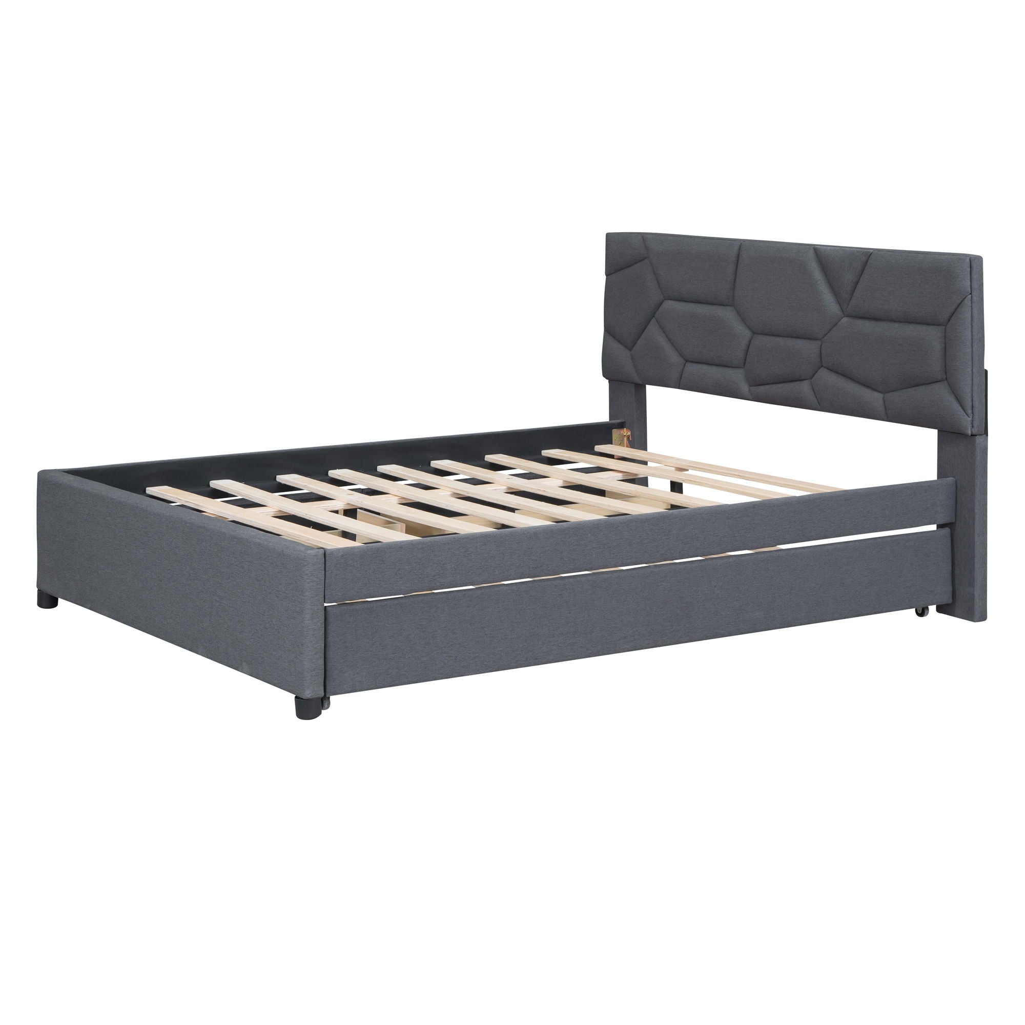 Upholstered Platform Bed With Brick Pattern Headboard And Twin Long Size Trundle