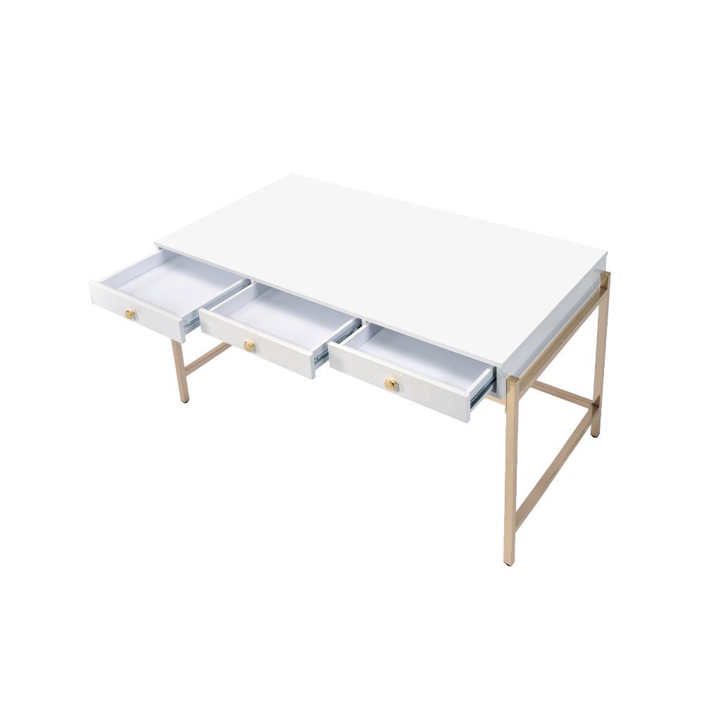 ACME Ottey - Desk - White High Gloss & Gold - 31" | Meri Furniture