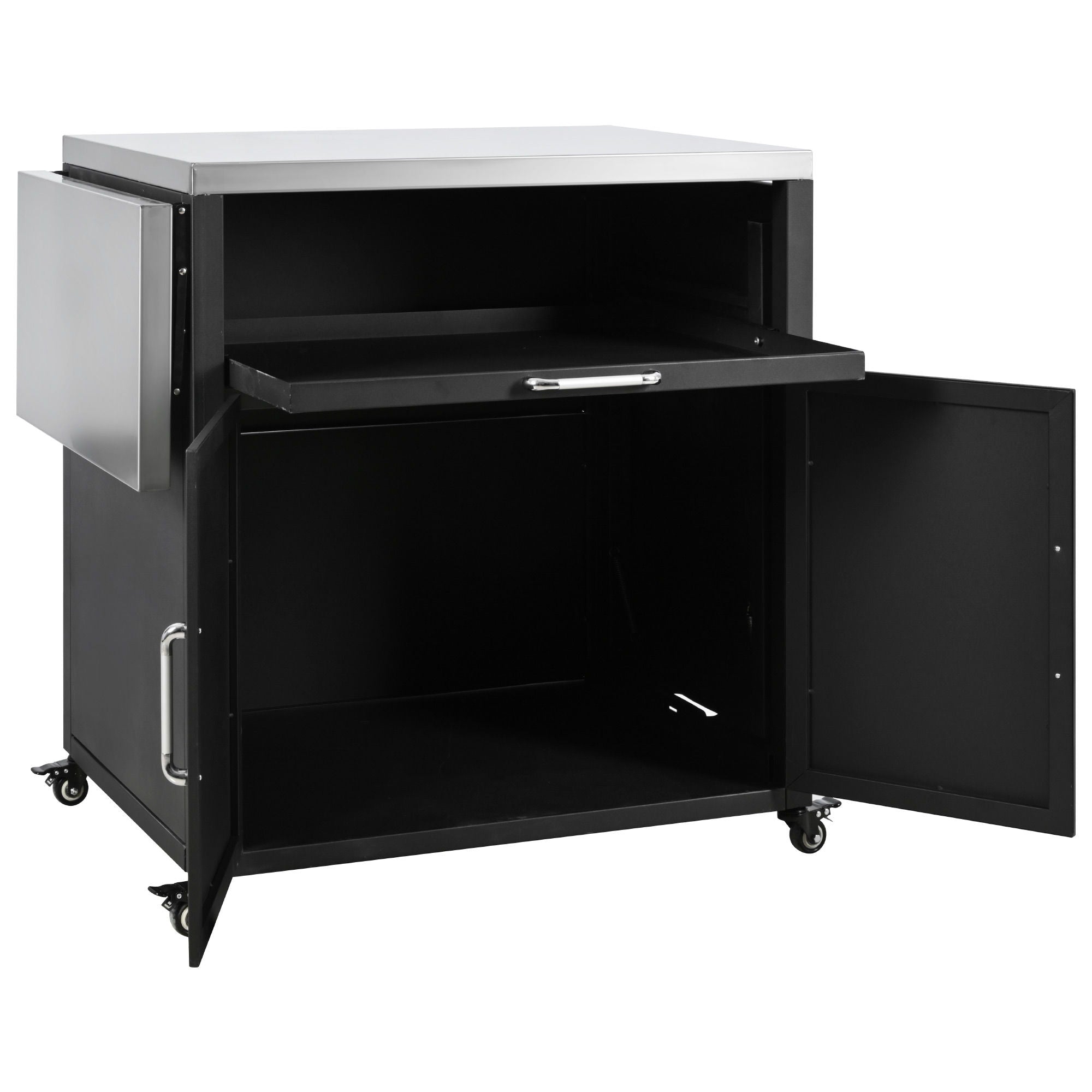Versatile Outdoor Cabinet With Folding & Expandable Work Surfaces, Ample Storage Space, And Lockable Wheels - Matte Black