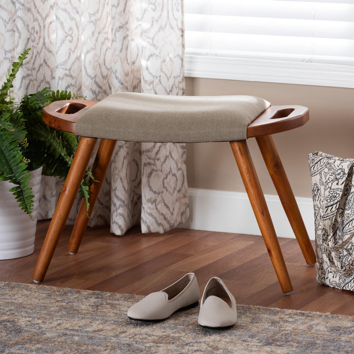 Banner Mid-Century Modern Light Brown Fabric Upholstered and Oak Brown Finished Wood Accent Bench