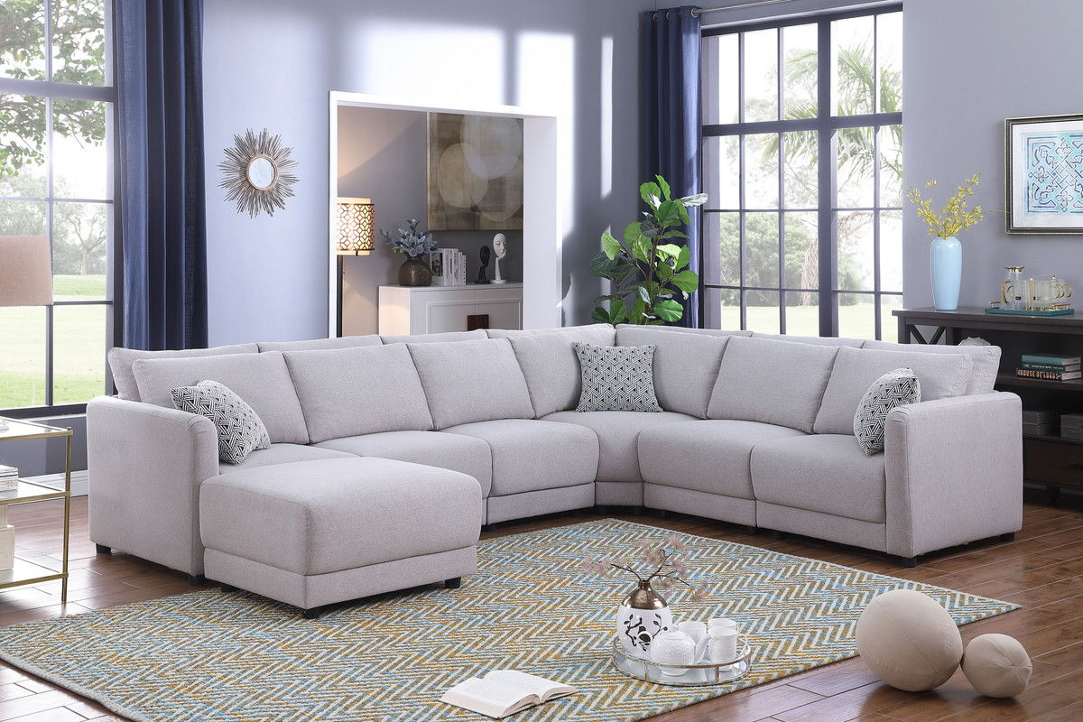 Penelope 120"W Light Gray Linen Fabric Reversible 7PC Modular Sectional Sofa with Ottoman and Pillows
