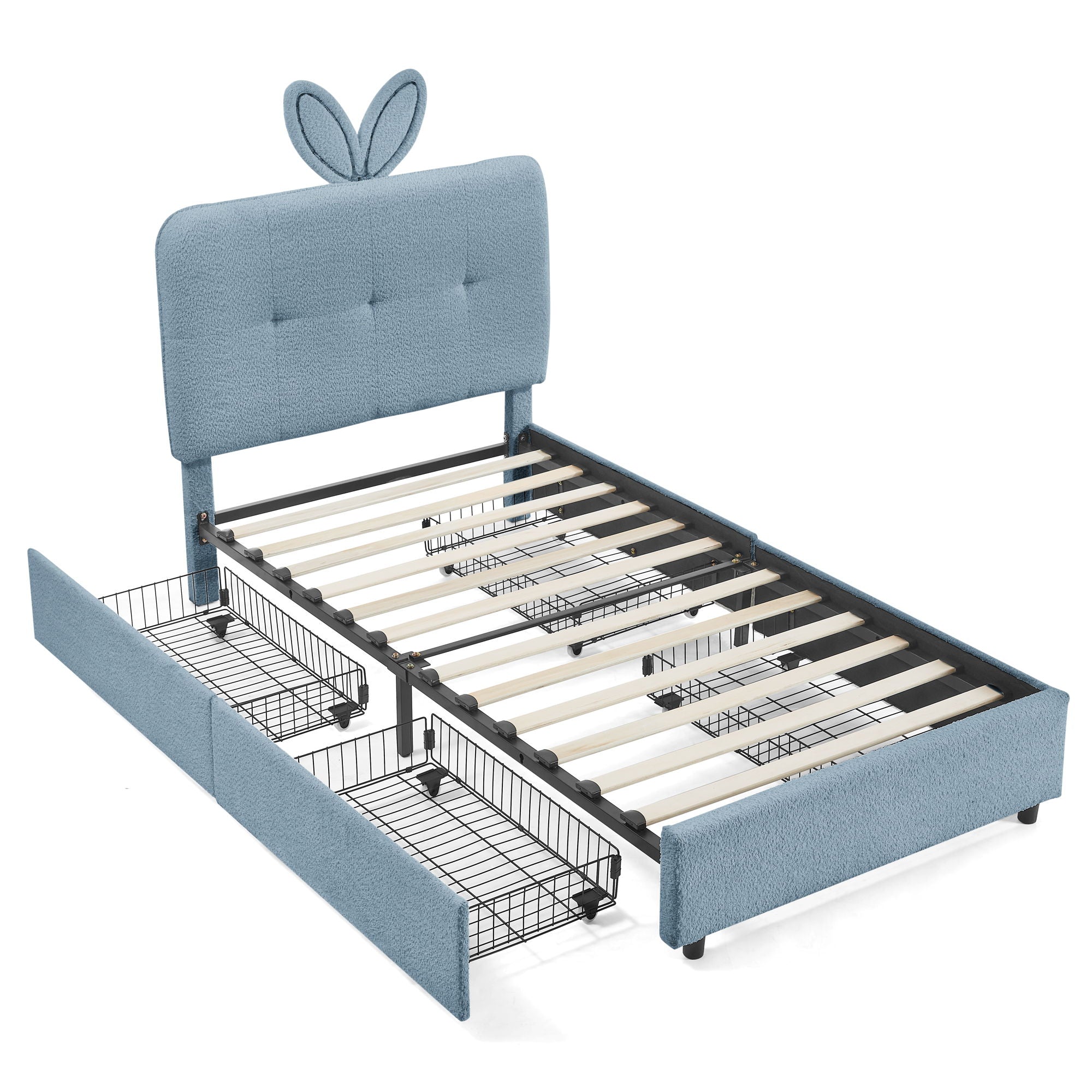 Upholstered Bed With Oversized Rabbit Ear Headboard, LED Lights & 4 Storage Drawers