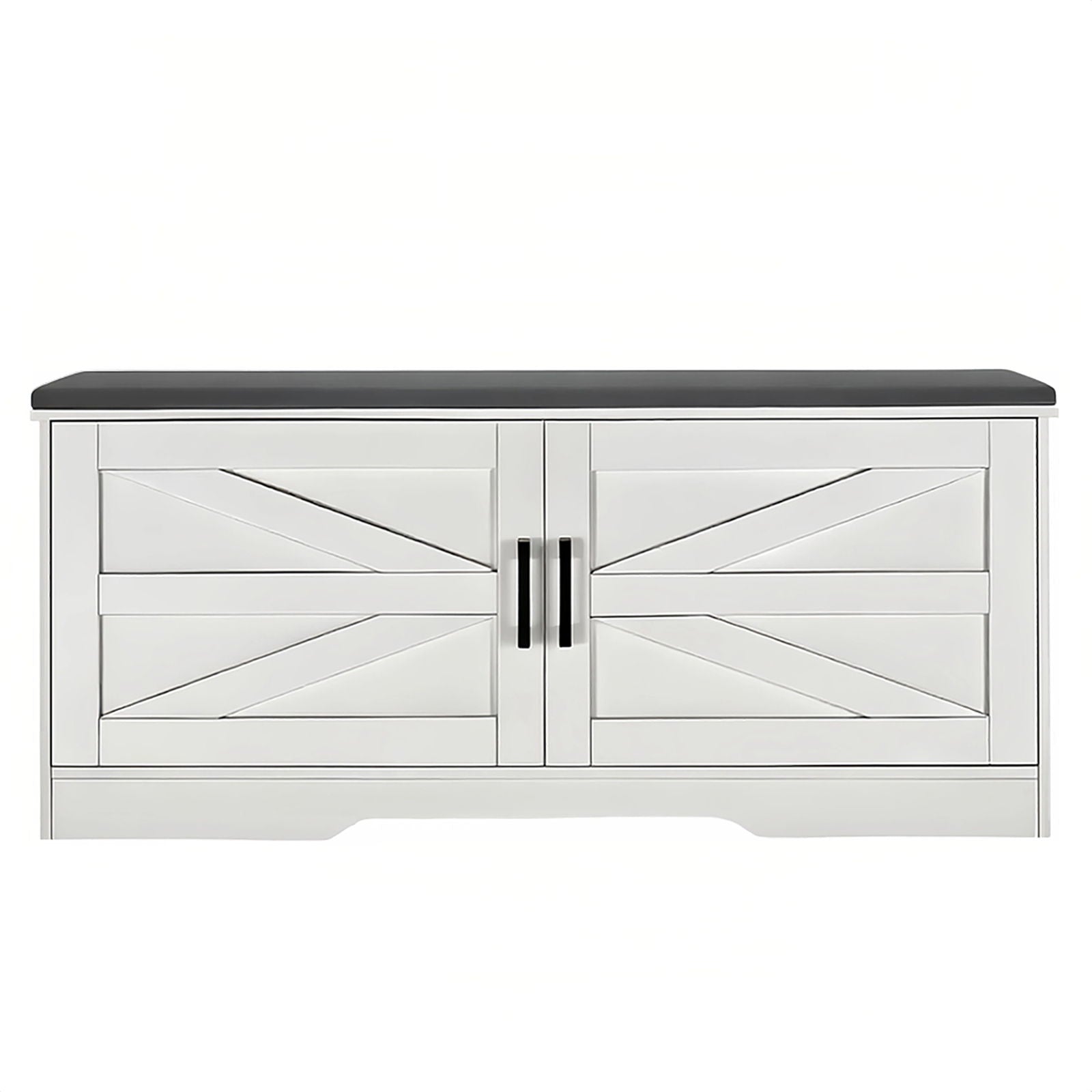 2 Tier Shoe Bench With Padded Seat, 2 Barn Doors And Adjustable Shelves, For Entryway And Living Room - White