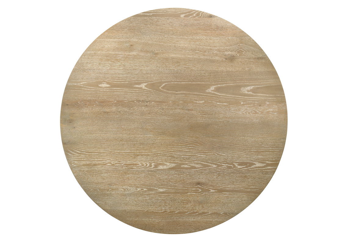 Eden 7Pc 59" Round Rustic Oak Dining Set with LED Light, Black Metal Table Frame, Shelves, Beige Linen Chairs