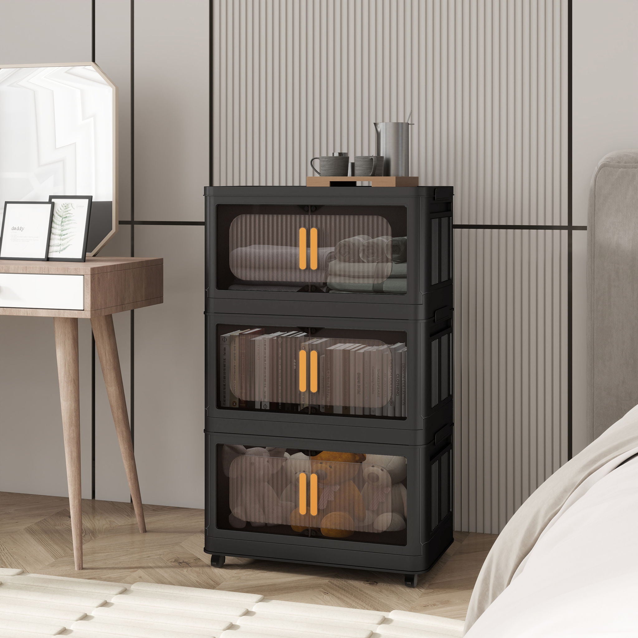 Folding Storage Cabinet With Magnetic Doors And Wheels