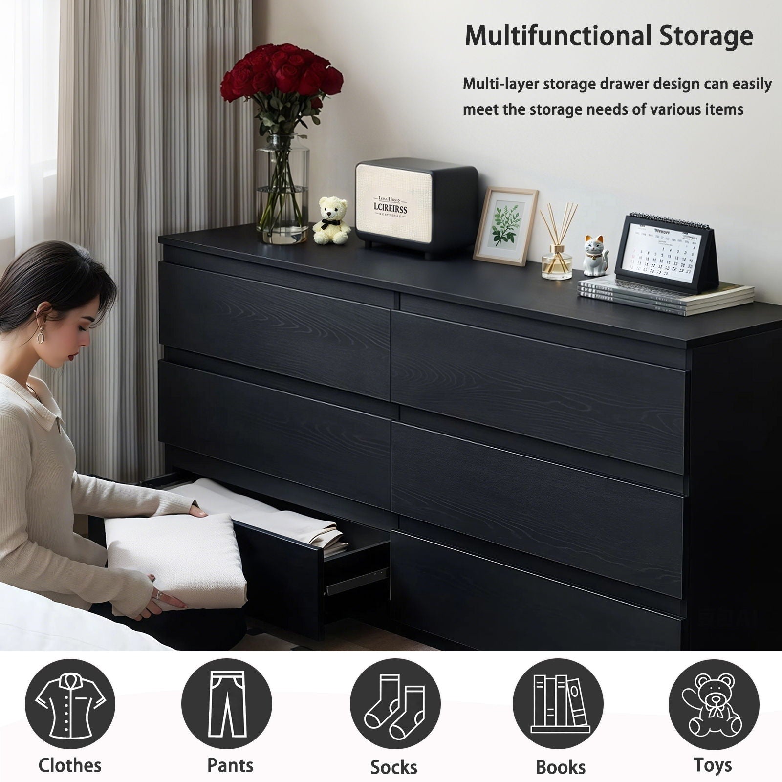 6 Drawer Dresser With Spacious Countertop And Concealed Handles