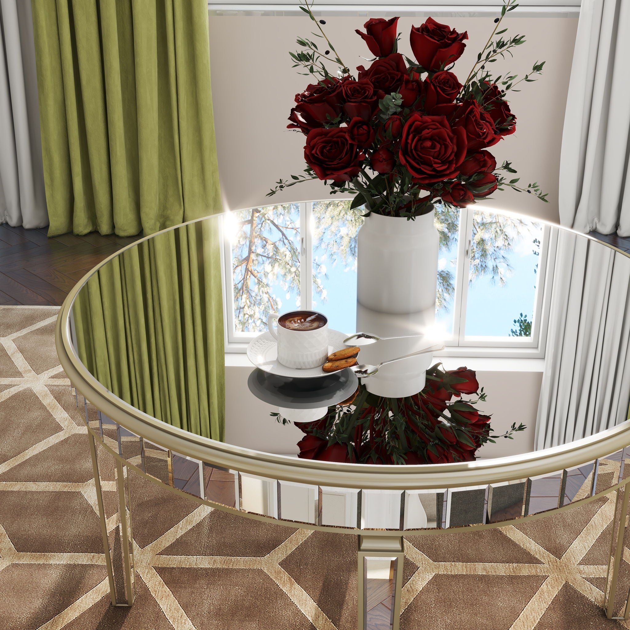 Round Glass Dining Table With Mirror Top - Silver