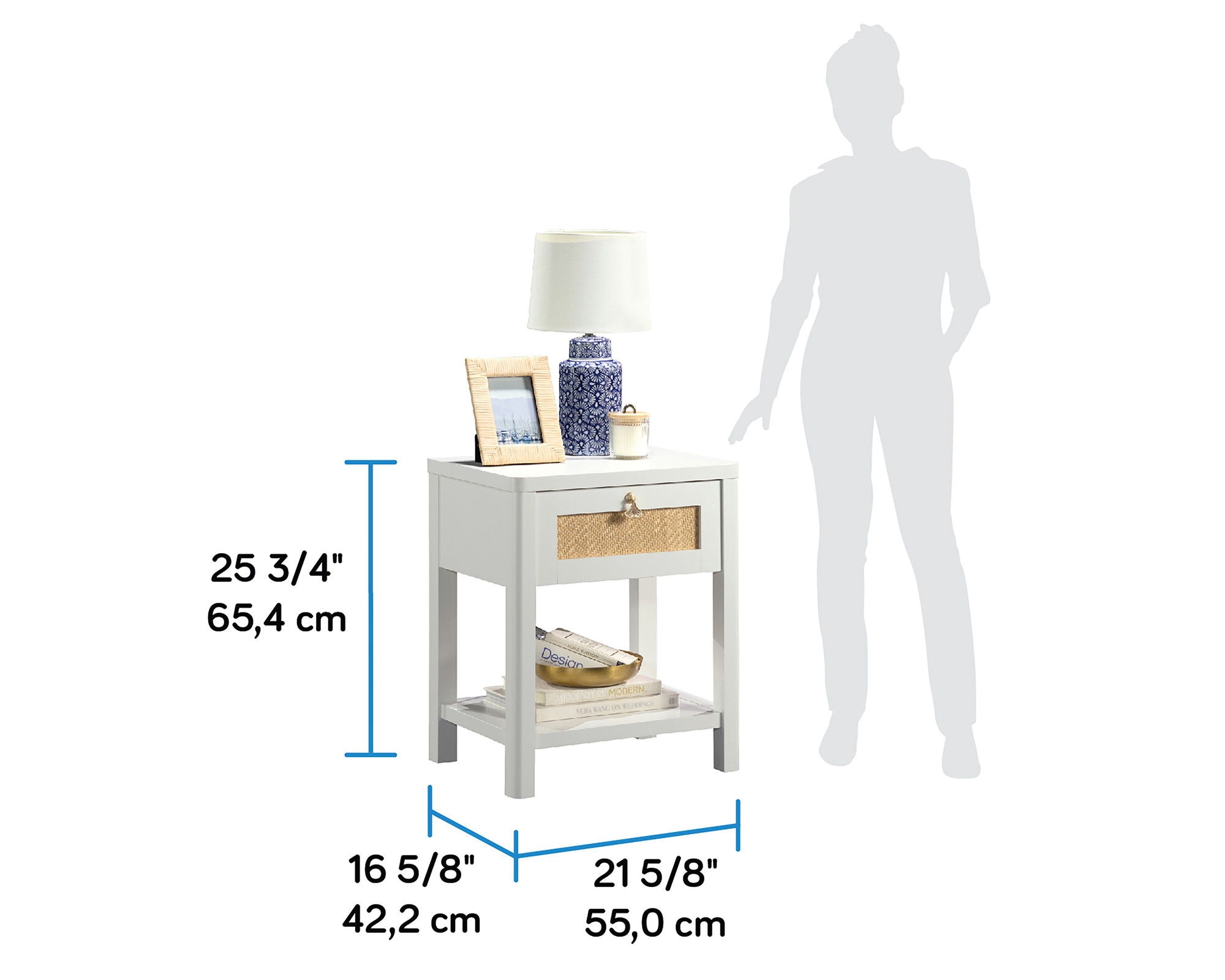 Night Stand with Open Storage in White/Rattan