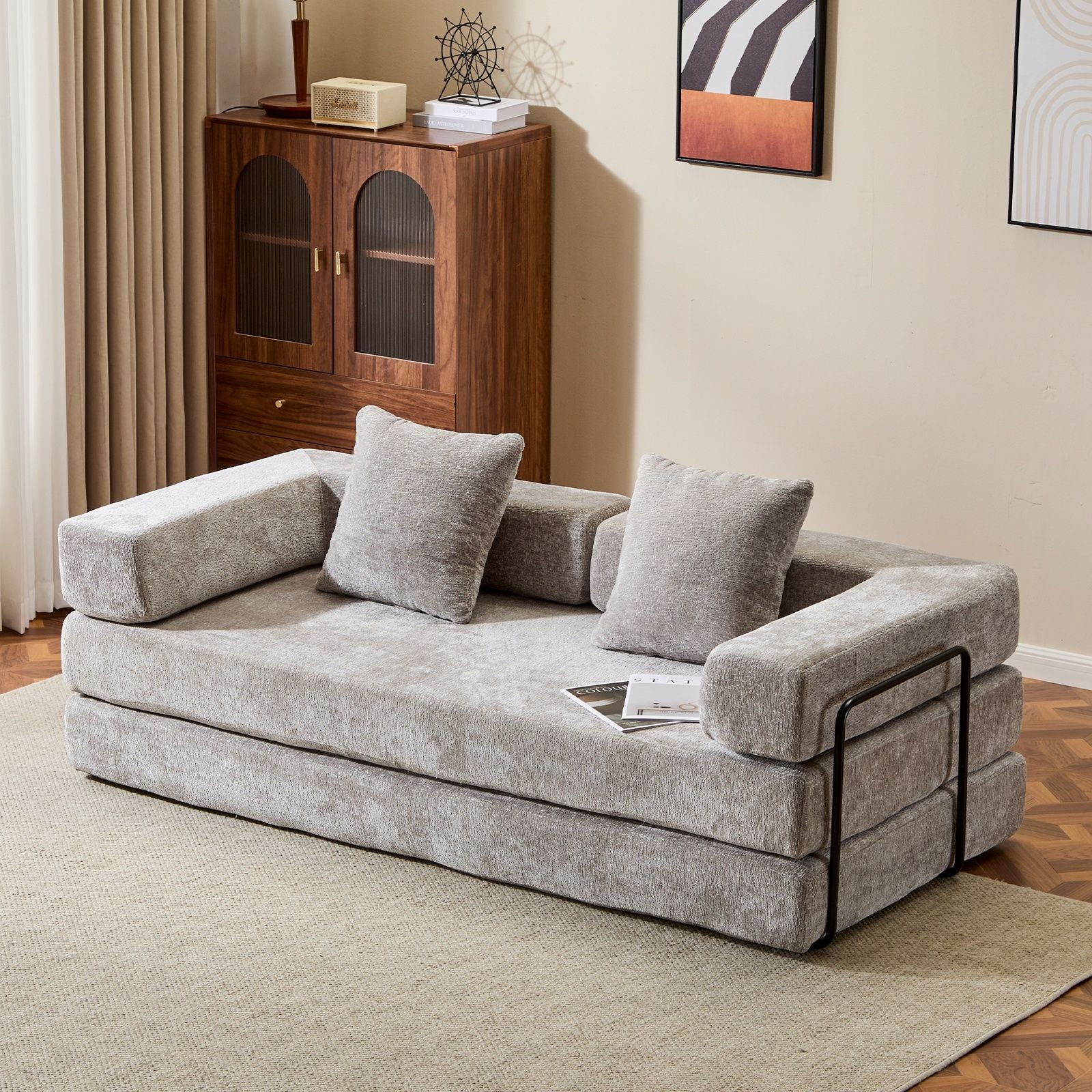 Convertible Floor Sofa Bed With Pillow Back Support Armrest