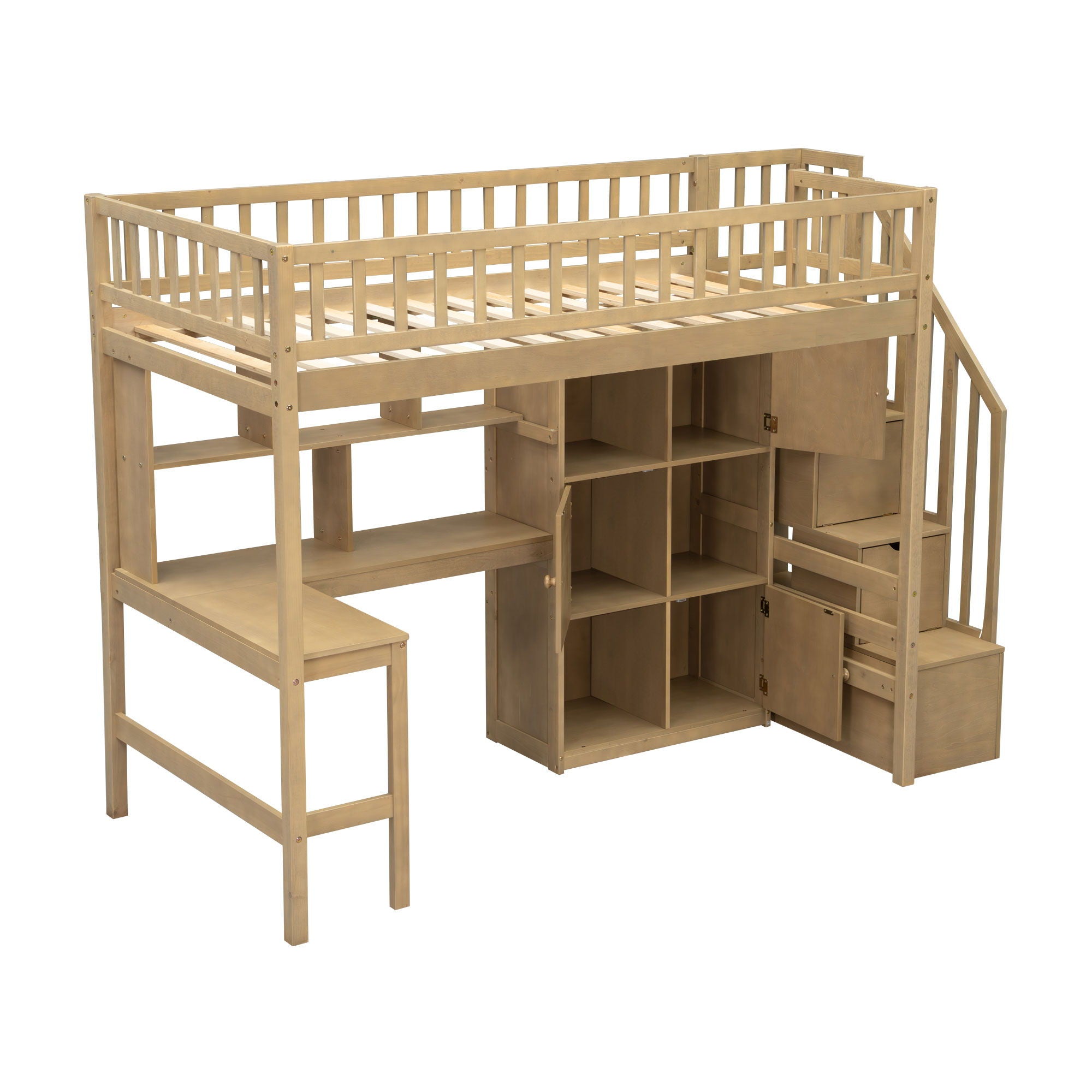 Loft Bed With Built In L Shaped Desk, LED Lights, Storage Shelves, Cabinets, And Staircase