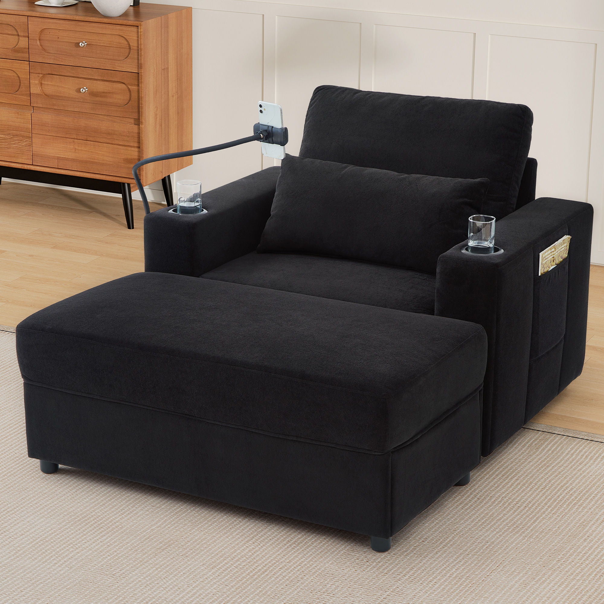 Modern Style Armchair Chaise Lounge Sofa Couch With Movable Storage Ottoman, USB Ports, Cup Holders, Phone Holder, Side Pockets